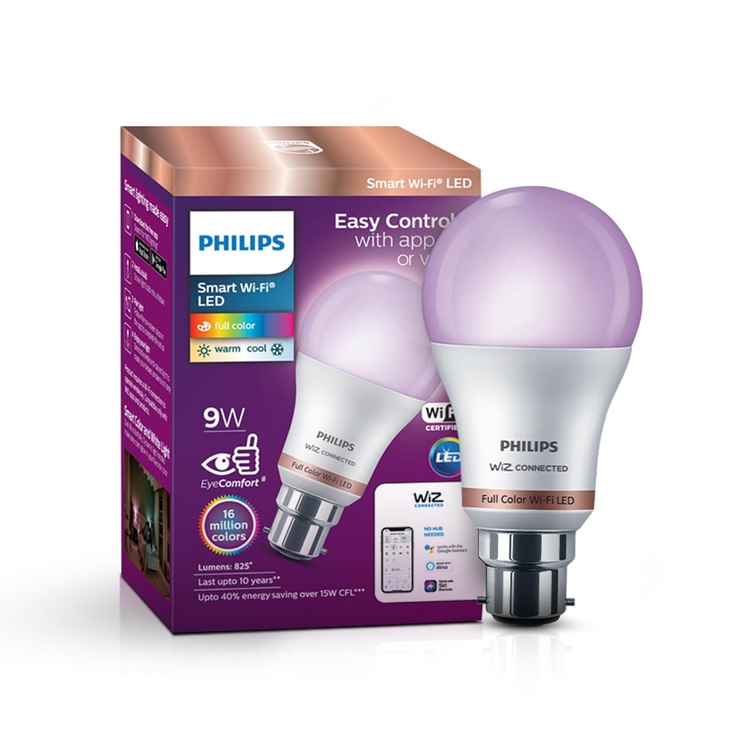 Philips WiZ 9W B22 Wi-Fi & Bluetooth LED Smart Bulb with Music Sync, Compatible with Amazon Alexa & Google Assistant, 16 Million Colours & Motion Sensing Technology | Pack of 1