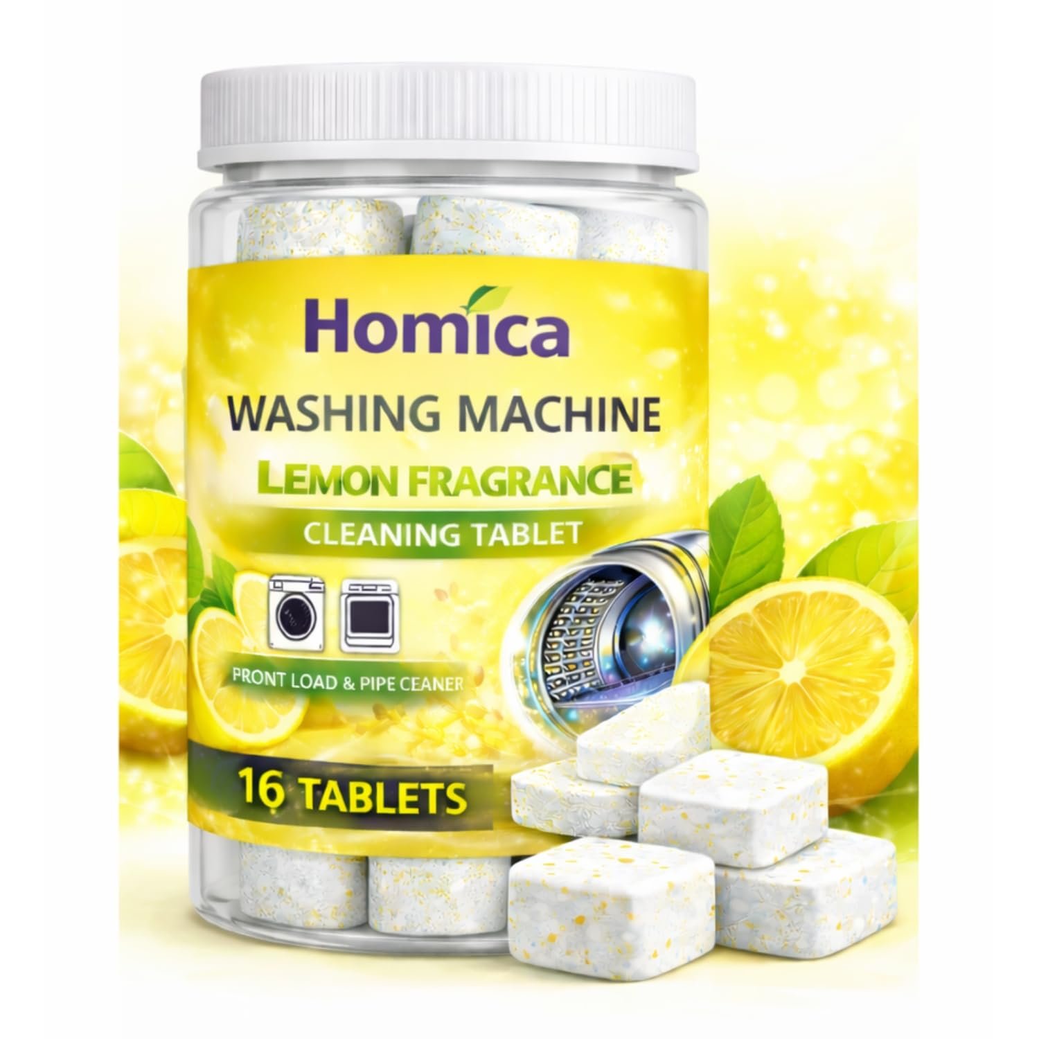 Washing Machine Cleaner Tablets (16 Tablets) | Drum & Pipe Deep Cleaner |Removes Odour, Limescale & Residue | For Front Load & Top Load Fully Automatic Washing Machines | Lemon Scent (Lemo