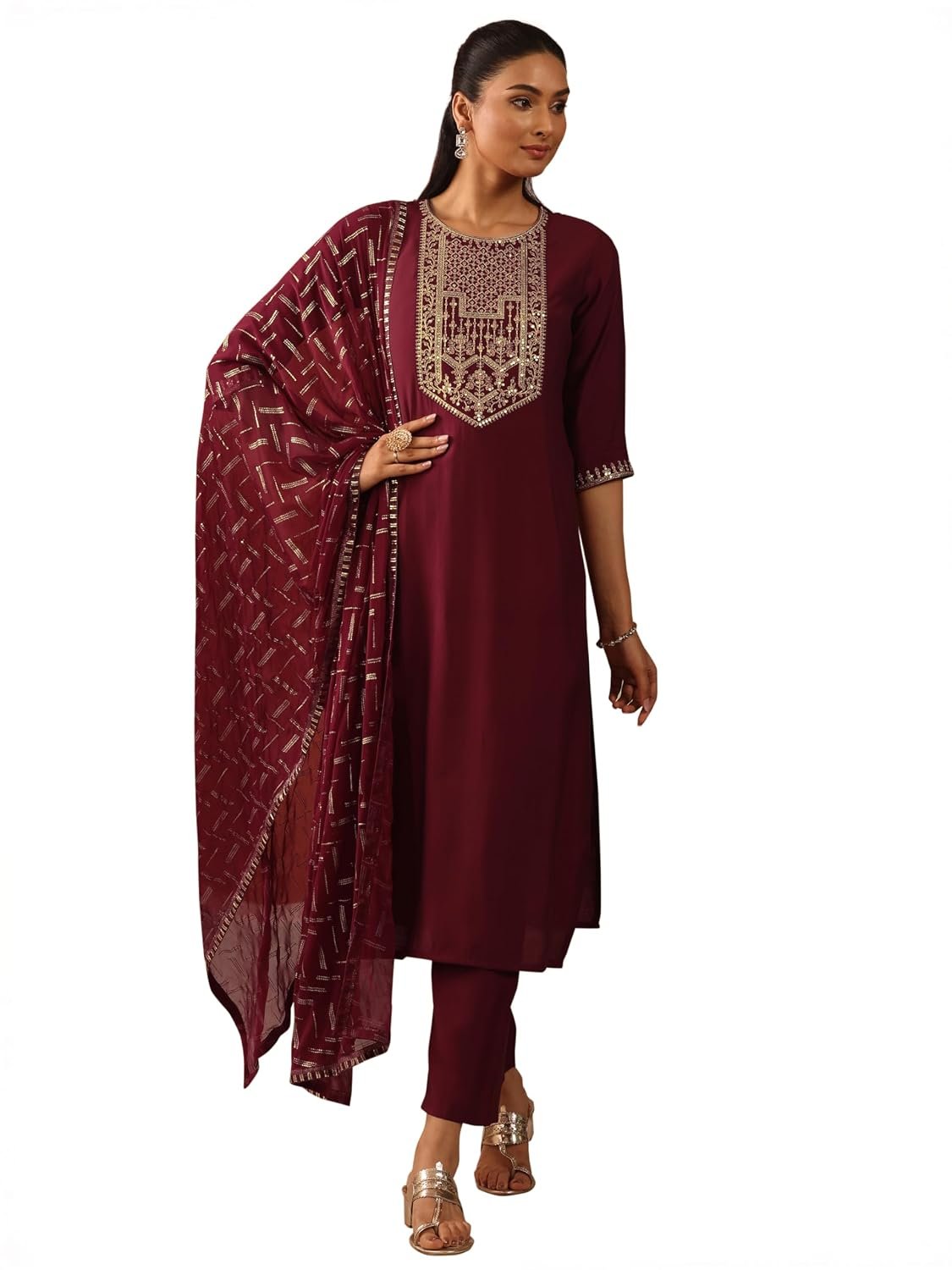 Libas Printed Silk Blend Straight Kurta With Trousers and Dupatta