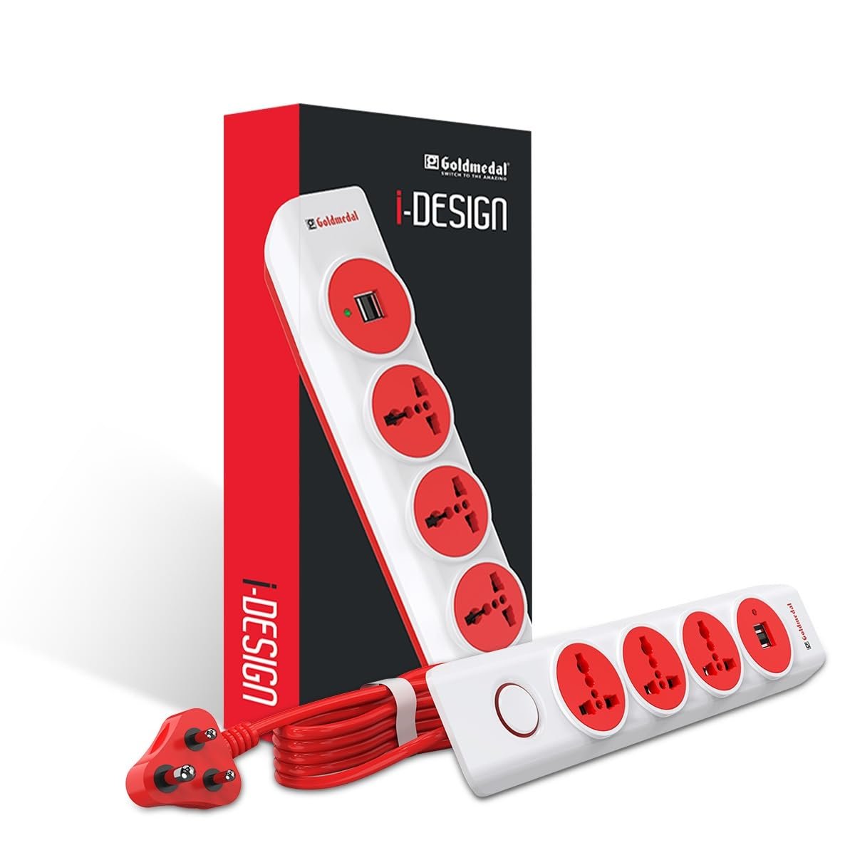 Goldmedal i-Design 4x1 Power Strip with Dual USB (A+A) | Master Switch | LED Indicator | 4 International Sockets | 2 Meter Extension Cord | Extension Board for Home & Office |(White)