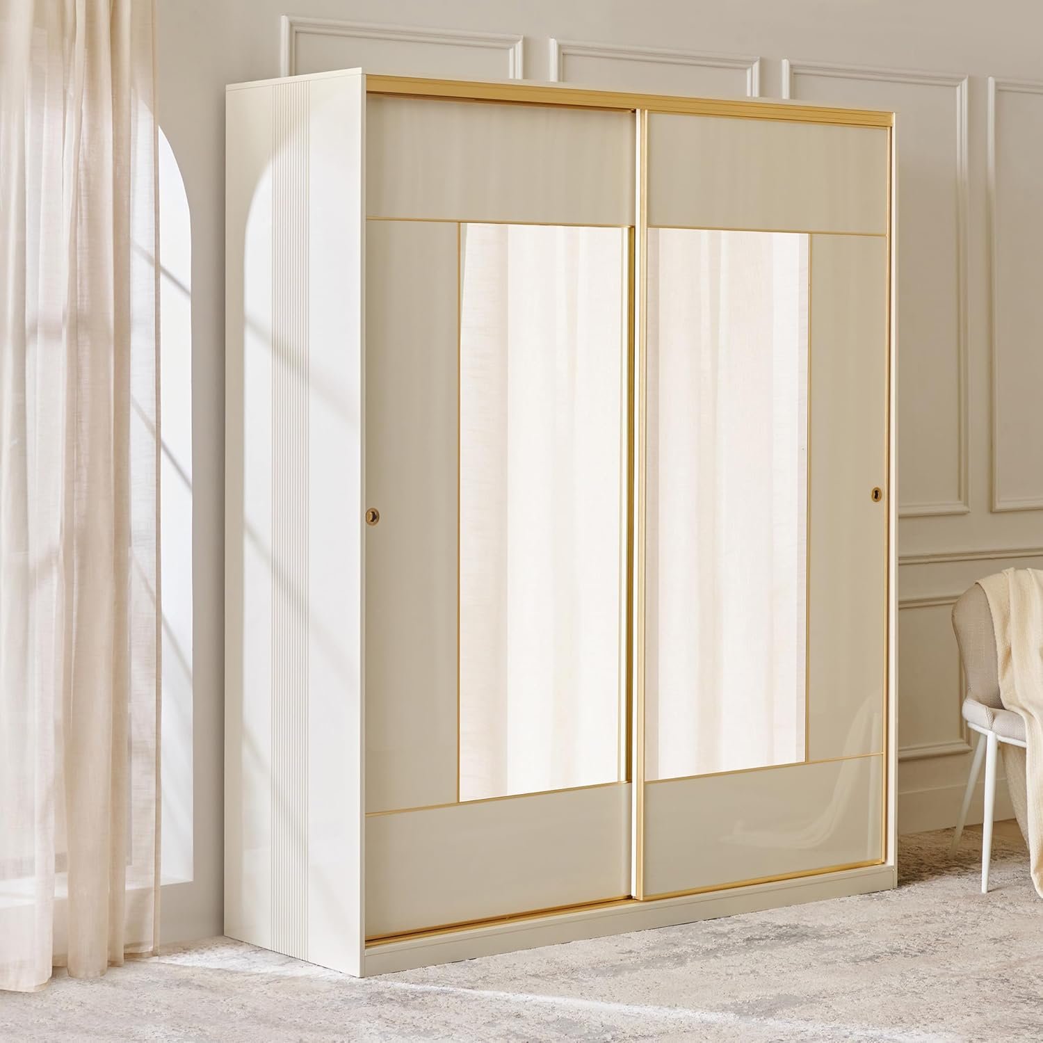 Home Centre | Modern | Engineered Wood | 2 Door Sliding Wardrobes | with Mirror | Cream | 1 Year Warranty