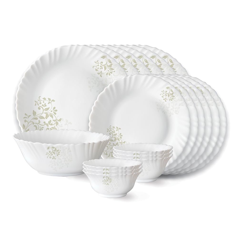 Larah by Borosil Ingot Fluted Series Opalware Dinner Set | 19 Pieces for Family of 6 | Microwave & Dishwasher Safe | Bone-Ash Free | Crockery Set for Dining & Gifting | Plates & Bowls | Wh