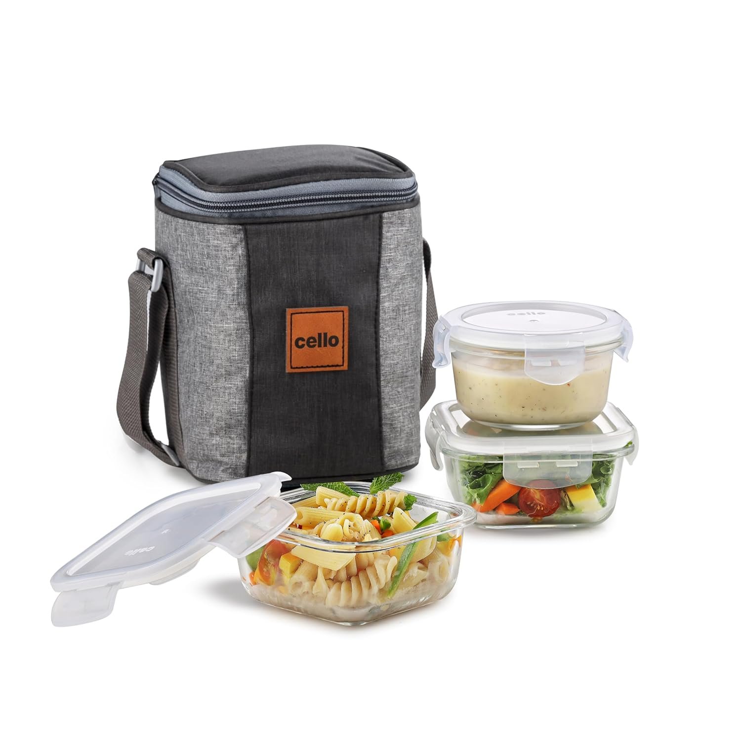 CELLO Glassy Mix Lunch Box with Jacket for Office, Transparent | 2 x 320ml, 1 x 240ml Glass Containers, Microwave Safe Leadfree Toughened Glass, Airtight Leakproof Tiffin Box for Daily Use & Trave