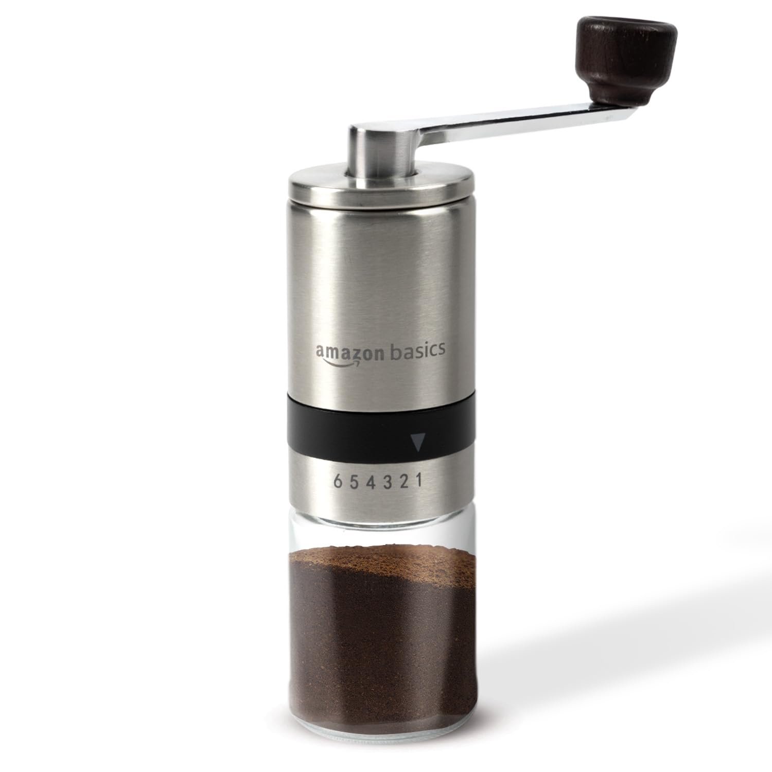 Amazon Basics Manual Coffee Grinder with Ceramic Burr & 6 Adjustable Grind Settings, Glass Jar & Stainless Steel Body, Portable & Lightweight, Ideal for Espresso, French Press, Cold Brew, 