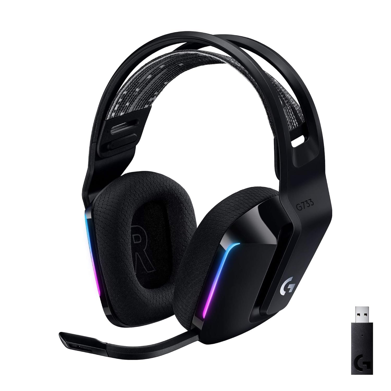 Logitech G 733 Lightspeed Over Ear Wireless Gaming Headset with Suspension Headband, LIGHTSYNC RGB, Blue VO!CE Mic Technology and PRO-G Audio Drivers