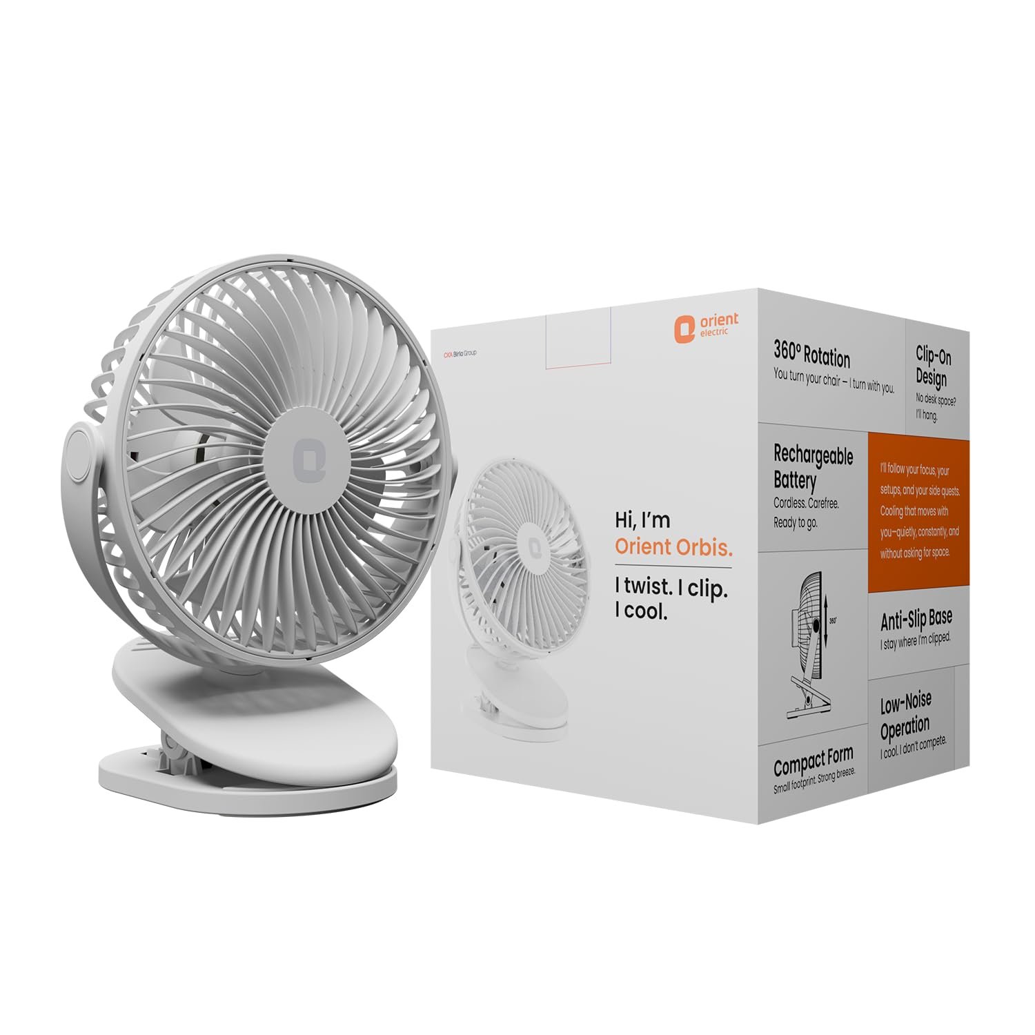 Orient Electric Orbis Rechargeable Personal Fan | 360° Rotation | 1800 mAh Battery | 4 Speed Modes with Timer | Quiet Operation | USB Type-C Charging | Clip-On Mini Fan | Cloud White