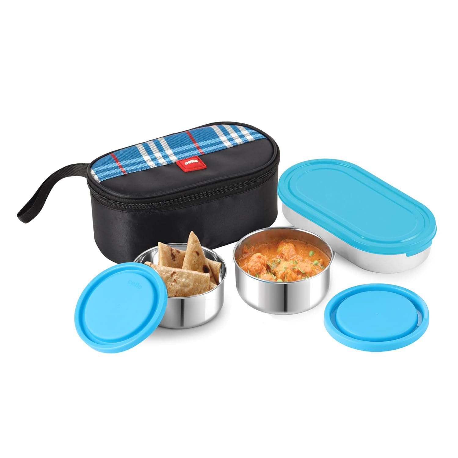 CELLO MF Trent Plus Lunch Box with Bag for Office, Blue | 300ml x 2 Steel Containers, 500ml Oval Plastic Containers, Leak Proof Airtight Snap Lock Lid Tiffin Box Set for School Kids, College & Tra