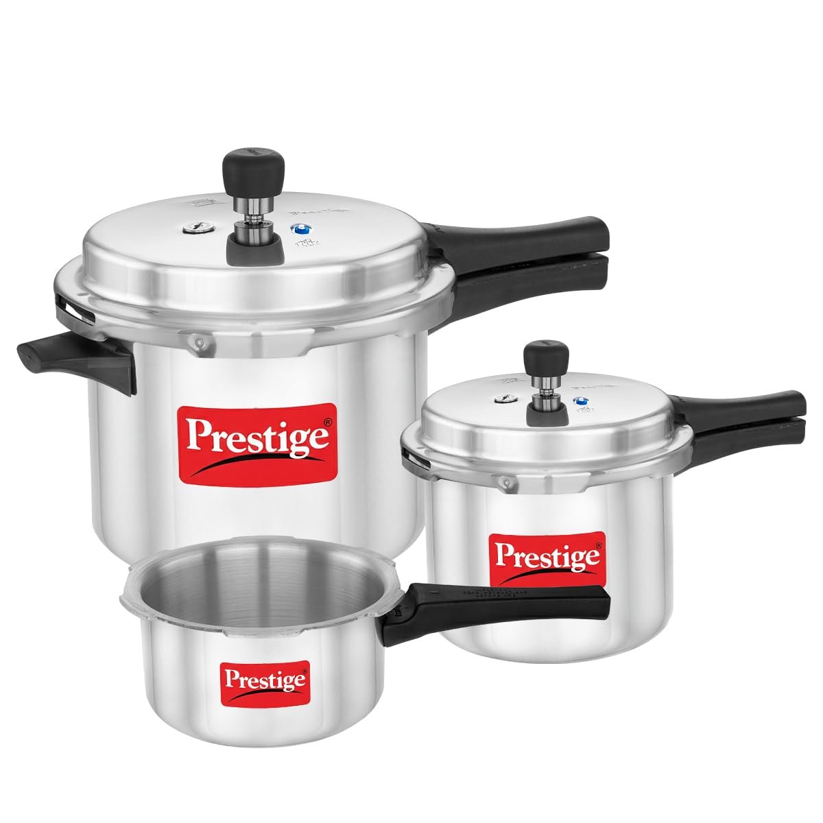 Prestige 2 Litre + 3 Litre + 5 Litre Aluminium Popular Max Outer Lid Pressure Cooker Combo with 2 Lids | Gas & Induction Compatible | Visual Pressure Indicator | Gasket Release Sys | 5Y Warranty |