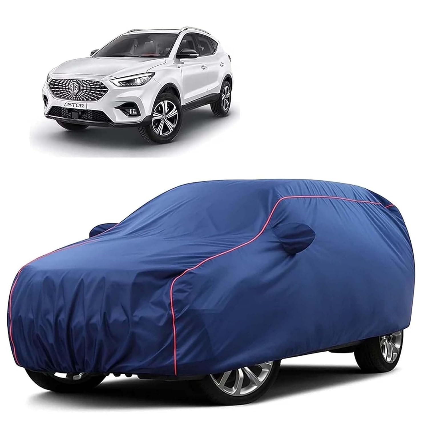 Sulfar 100% Water Resistant Car Body Cover Compatible with Mirror for MG Astor (Triple Stitched, Full Bottom Elastic, Blue Tafetta with Red Piping)