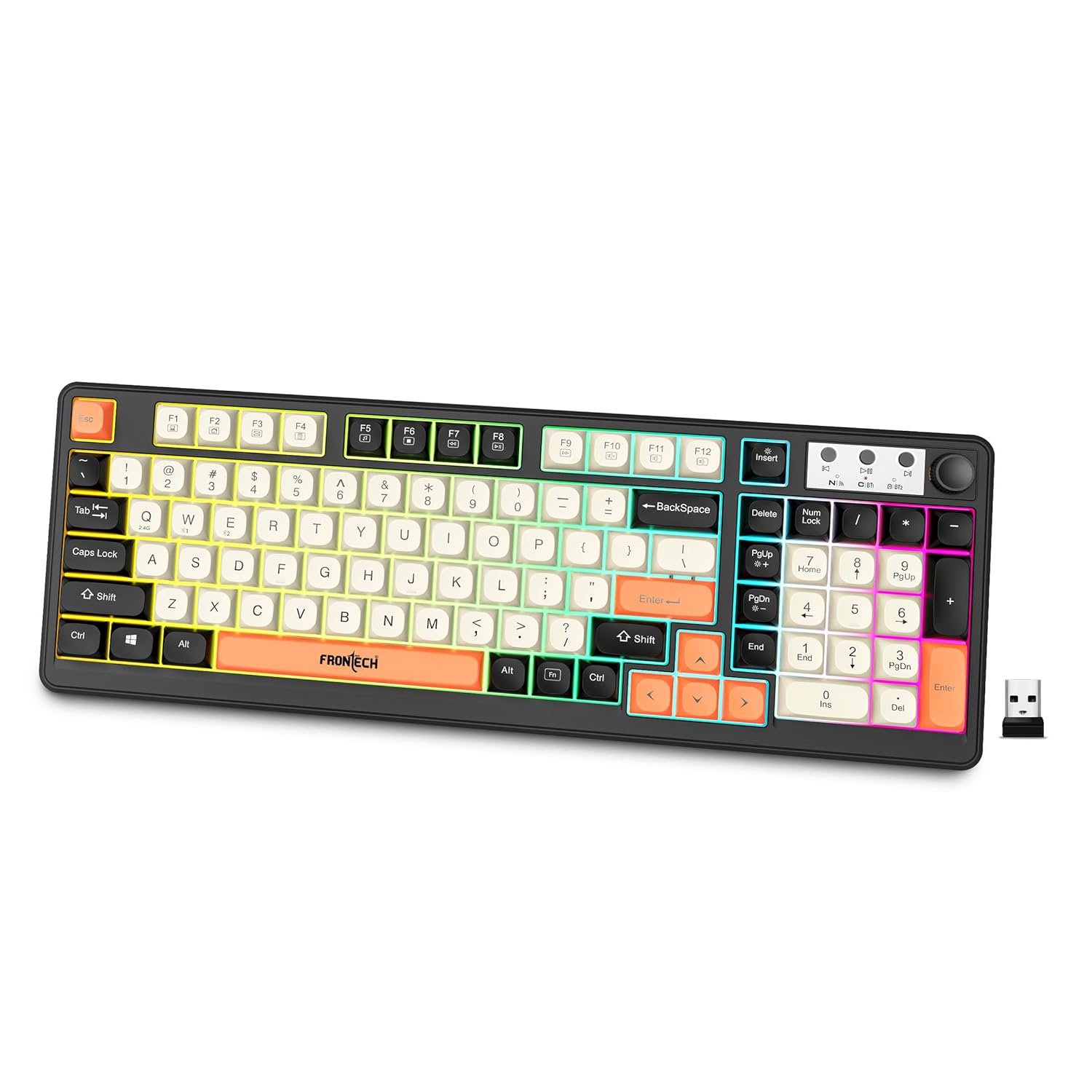 FRONTECH Wireless Gaming Keyboard | 98 Keys Layout | 19 Anti-Ghosting Keys | Dual Wireless 2.4GHz & Bluetooth 5.1 | Rainbow Backlight | 2000mAh Battery | Type-C Charging | 1 Year Warranty (KB-0026