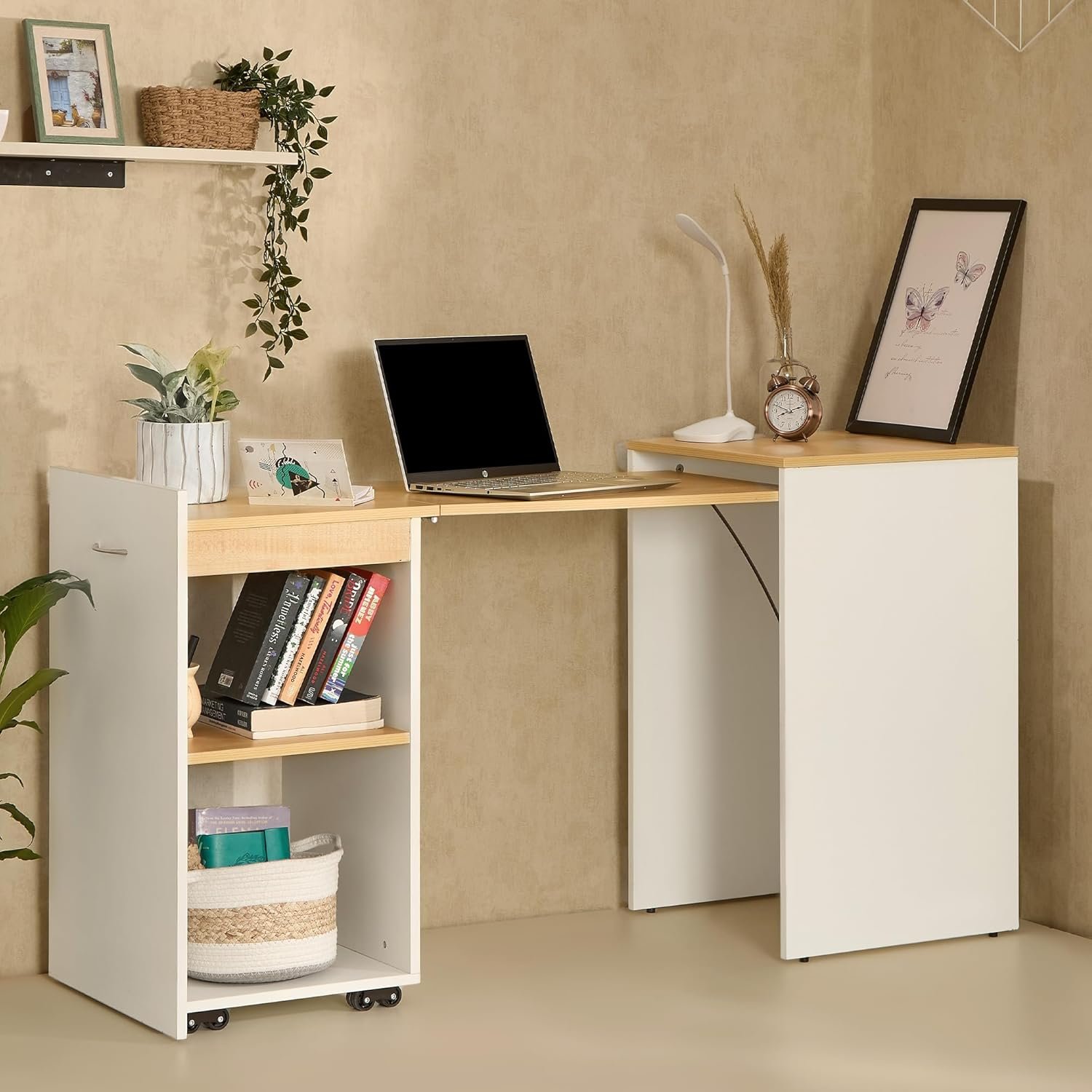 Green Soul Kyoto Foldable Study Table (2026 Edition) with Space-Saving Design, Expansive Tabletop Storage Shelves Engineered Wood Ideal for Study, Bedroom or Home Office, White & Oak 3 Year Assura