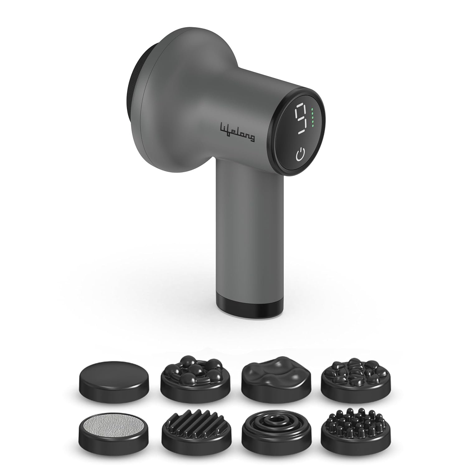 Lifelong Wireless Manipol Hand Massager|Percussion Massage|Handheld Therapy with Variable Intensity to Relieve Pain in The Back,Neck,Shoulders&Legs|LED Display|8 Detachable Head|4000mAh Battery,Gr