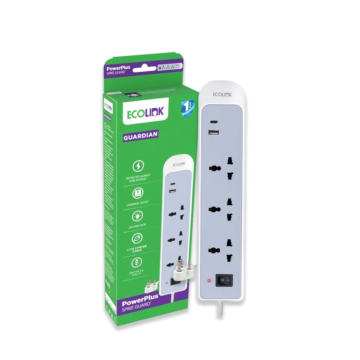 EcoLink PowerPlus 3-Socket 6A Extension | Dual USB-A & USB-C Fast Charging Ports | Compact, Portable & Safe Power Strip | Home, Office & Travel | Overload & Short Circuit Protection | 