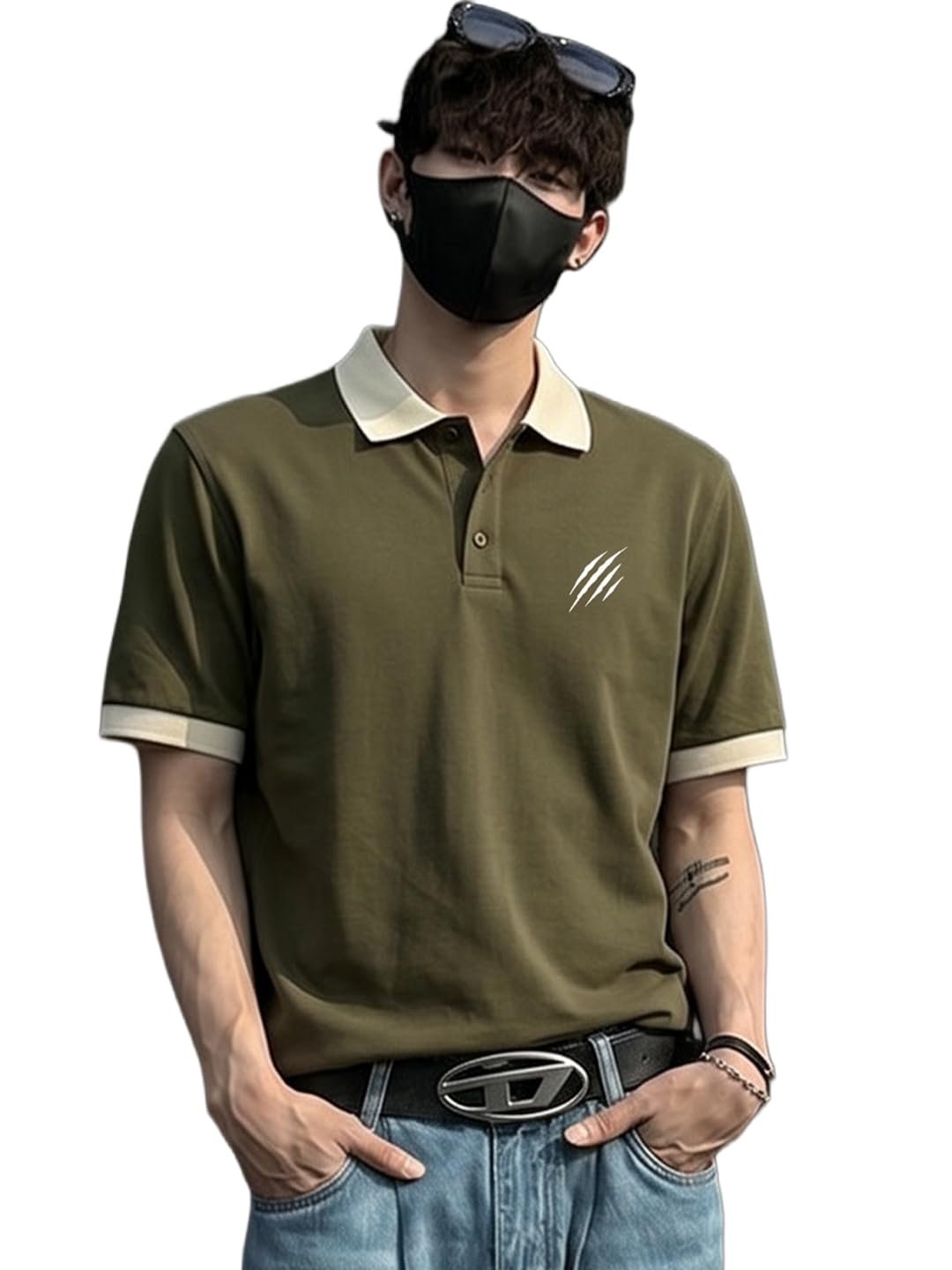LEOTUDE Men's Solid Olive Polo T-Shirt with Beige Contrast Collar | Regular Fit Half Sleeve Polo Neck Tee | Comfortable Everyday Casual Wear (Color : Olive)