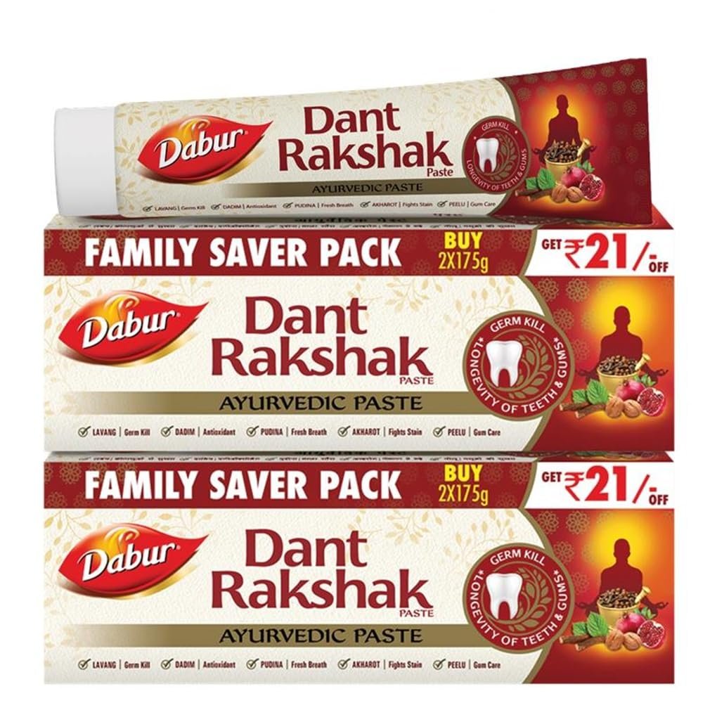Dabur Dant Rakshak Ayurvedic Toothpaste - 700g (175g x 4) | With Goodness Of 32 Ayurvedic Herbs | Prevents & Calms Gum Pain | Kills Germs | Complete Family Toothpaste | No Added Fluorides & Pa