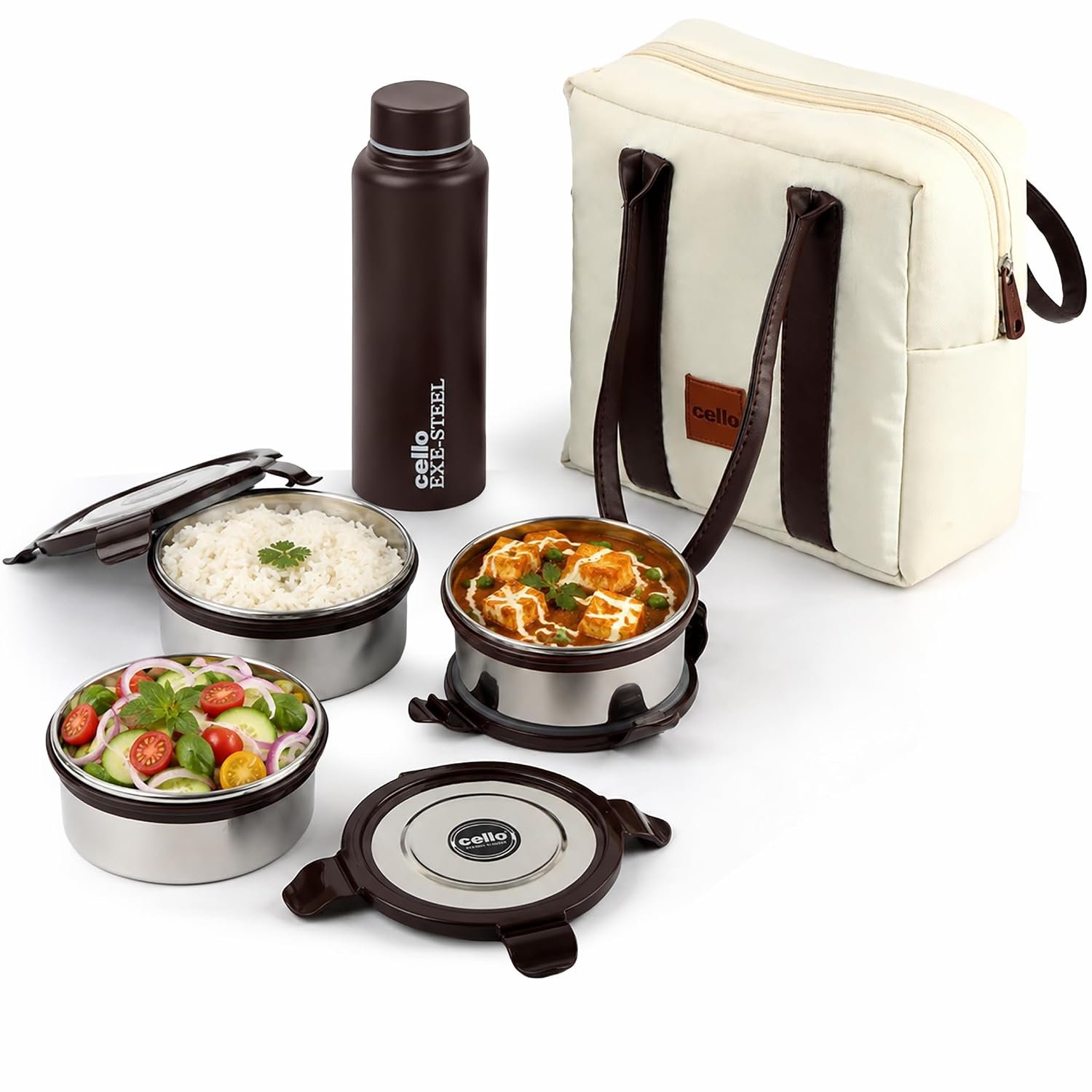CELLO Urban Bite Lunch Box with Bag for Office Use, White Brown | 3 x 400ml Stainless Steel Containers, 800ml Water Bottle with Fork & Spoon, Leak Proof Airtight Clip Steel Tiffin Box Set for Trav