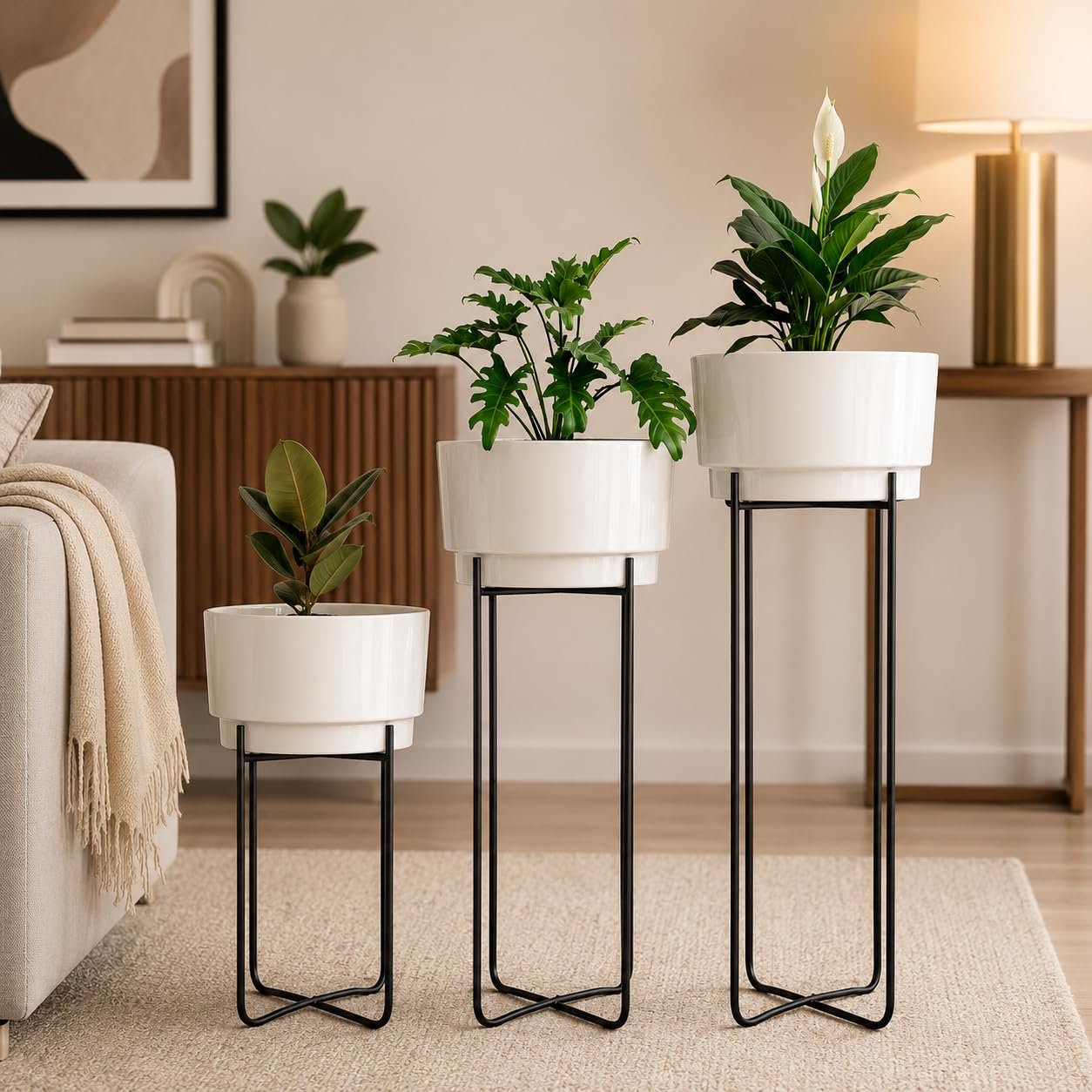 TrustBasket Creata Planter Set of 3 (White)|Premium Strong Durable Flower Pot Stand with Container for Living Room, Home Garden Decor|Gamla Stand with Pot