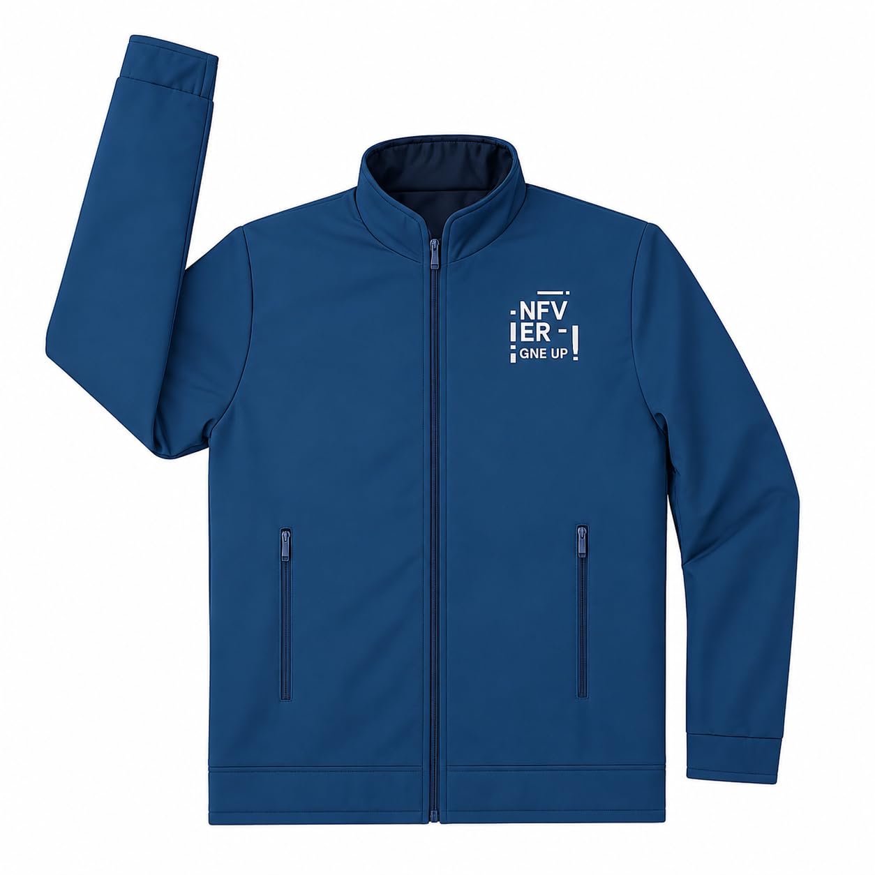 Never Give Up Graphic Full-Zip Jacket, Navy Blue | Motivational Print, Stand Collar, Zippered Pockets, Men's Outerwear, Full Sleeve