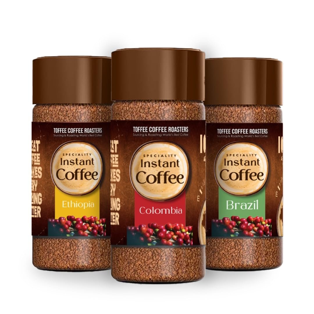 Toffee Coffee Roasters|Assorted Speciality Instant Coffee(Brazil|Colombia|Ethiopia)|As Seen On Shark Tank|Arabica|Ready In Seconds|Microground Technology|Size - 100 Gm Each - Jar