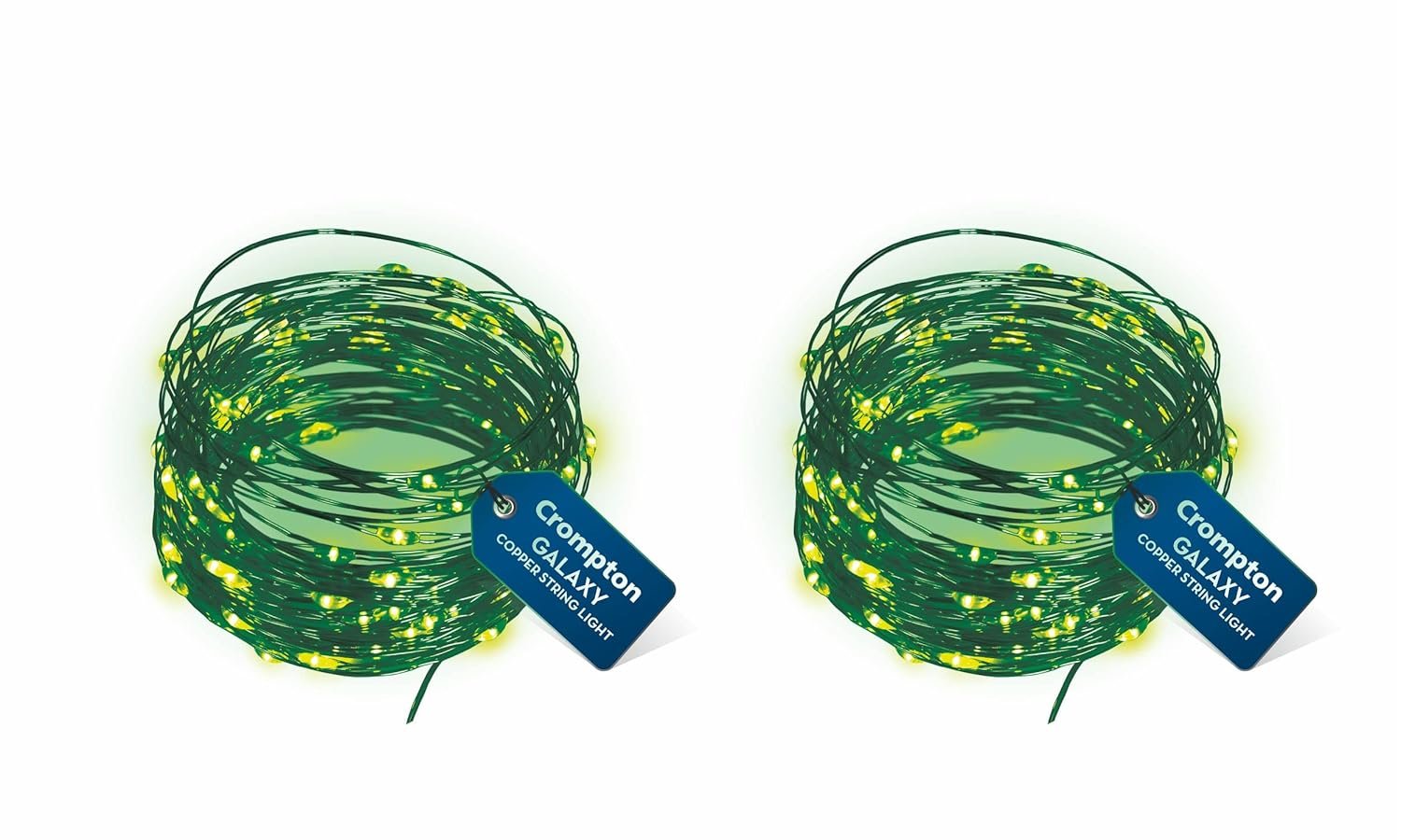 Crompton Galaxy Decoration Copper USB Powered String Fairy Lights with 100 Led Light (10 Meters, Green, Pack of 2)