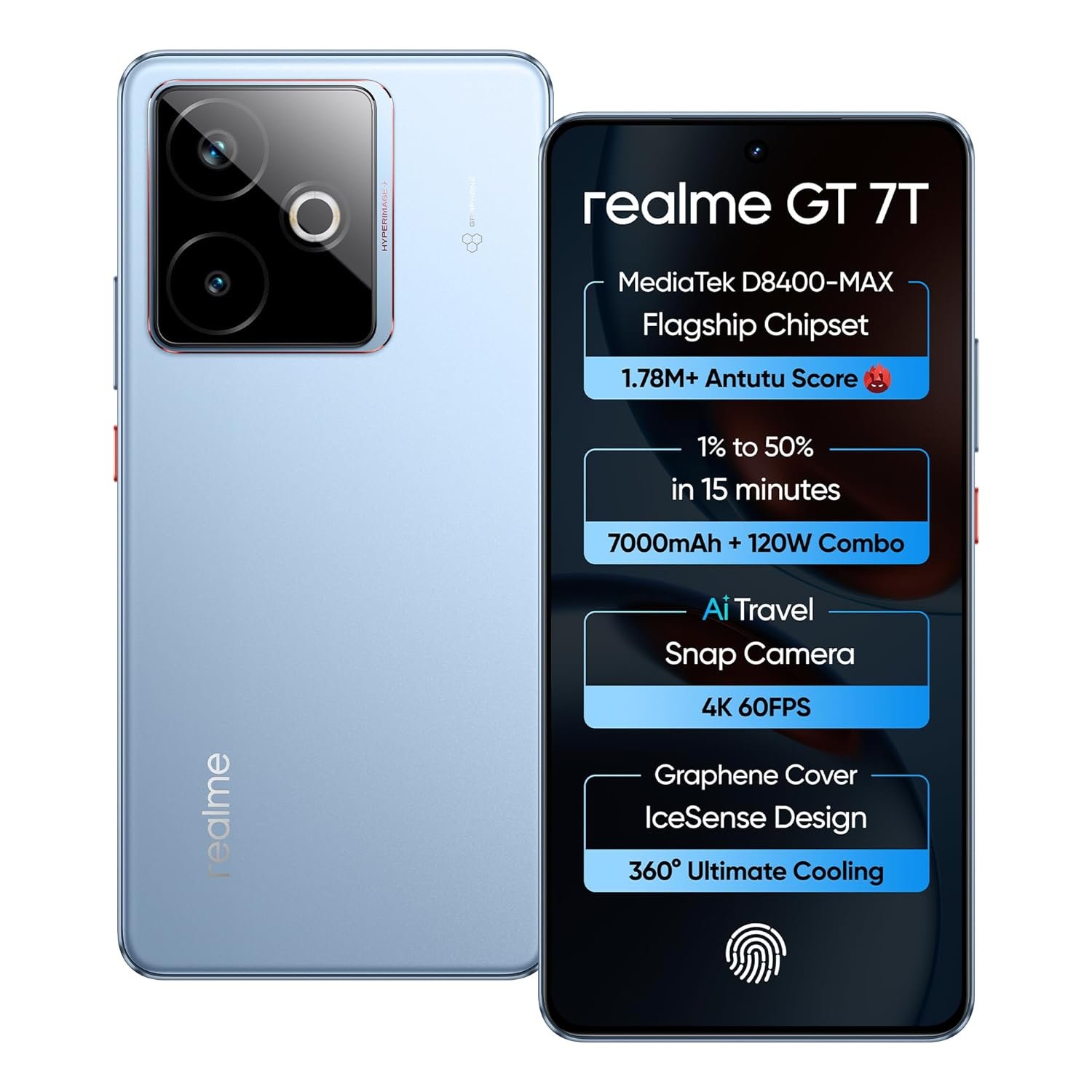 realme GT 7T (IceSense Blue,12GB+512GB) | MediaTek D8400 MAX | Strongest Battery Combo 7000mAh + 120W | AI 4K 60FPS Travel Camera | 360° Cooling IceSense Design with Graphene | 6000 nits Display
