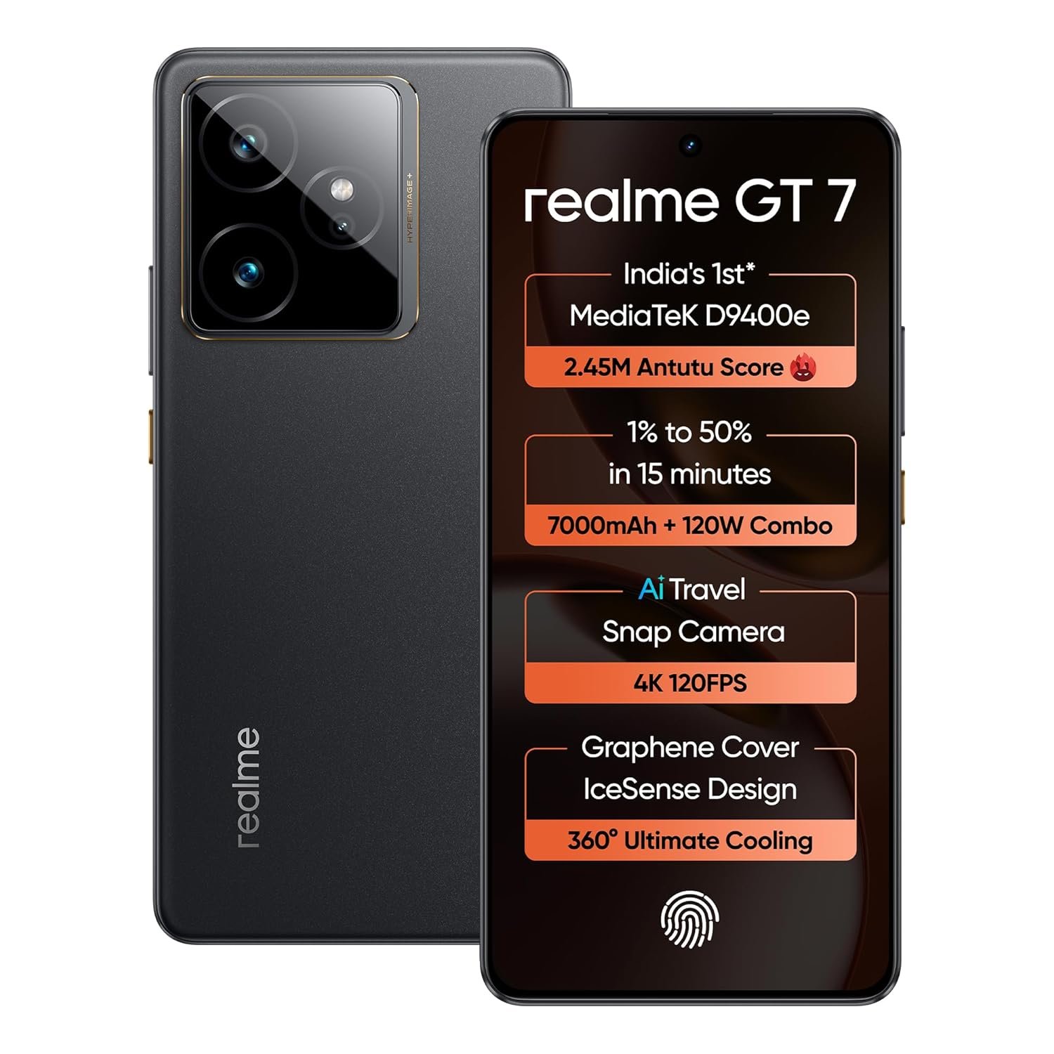 realme GT 7 (IceSense Black,12GB+512GB)| India's 1st MediaTek Dimensity 9400e Chipset | Strongest Battery Combo 7000mAh + 120W | AI 4K 120FPS Travel Camera | 360° Cooling IceSense Design with Grap