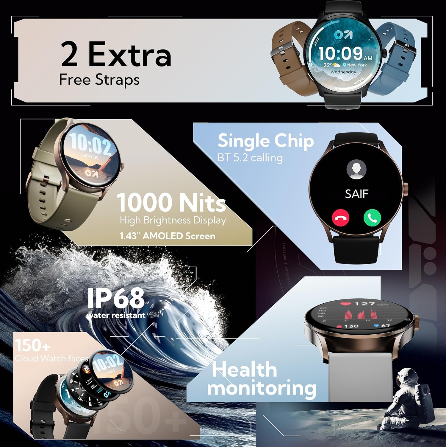 GOBOULT Rover Pro Smartwatch 1.43'' AMOLED, BT Calling 5.3, 1000 Nits Brightness, IP68, 150+ Watchfaces, 120+ Sports Modes, AI Voice Assistant, SpO2 Monitoring (Pure Black)