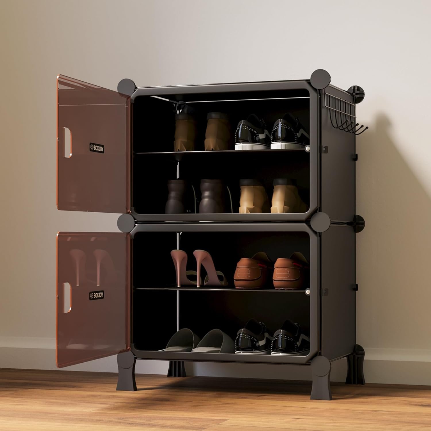BOXJOY 4 Shelf Black Shoe Rack with 2 Brown Doors, Magnets and 5 Hook Steel Holder for Home Storage Box Organizer, Hard PET Plastic with Metal Door Frame, Shoe Chappal Slipper Sandals Stand