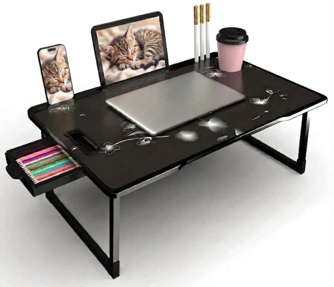 Wood Multipurpose Foldable Laptop Table with Cup Holder | Table Home Study Writing Table, Foldable and Portable/Ergonomic Edges Kids & Adults (TUL-FLOWER-KUM)