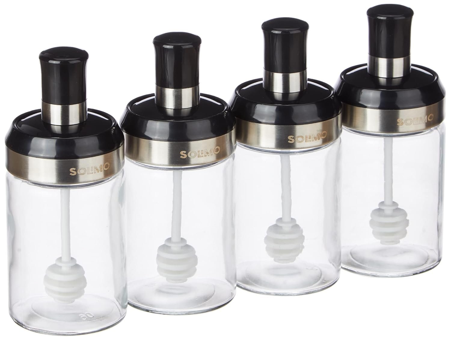 Amazon Brand - Solimo Borosilicate Glass Sauce Jar with Dipper, Set of 4 (250 Ml Each),Black