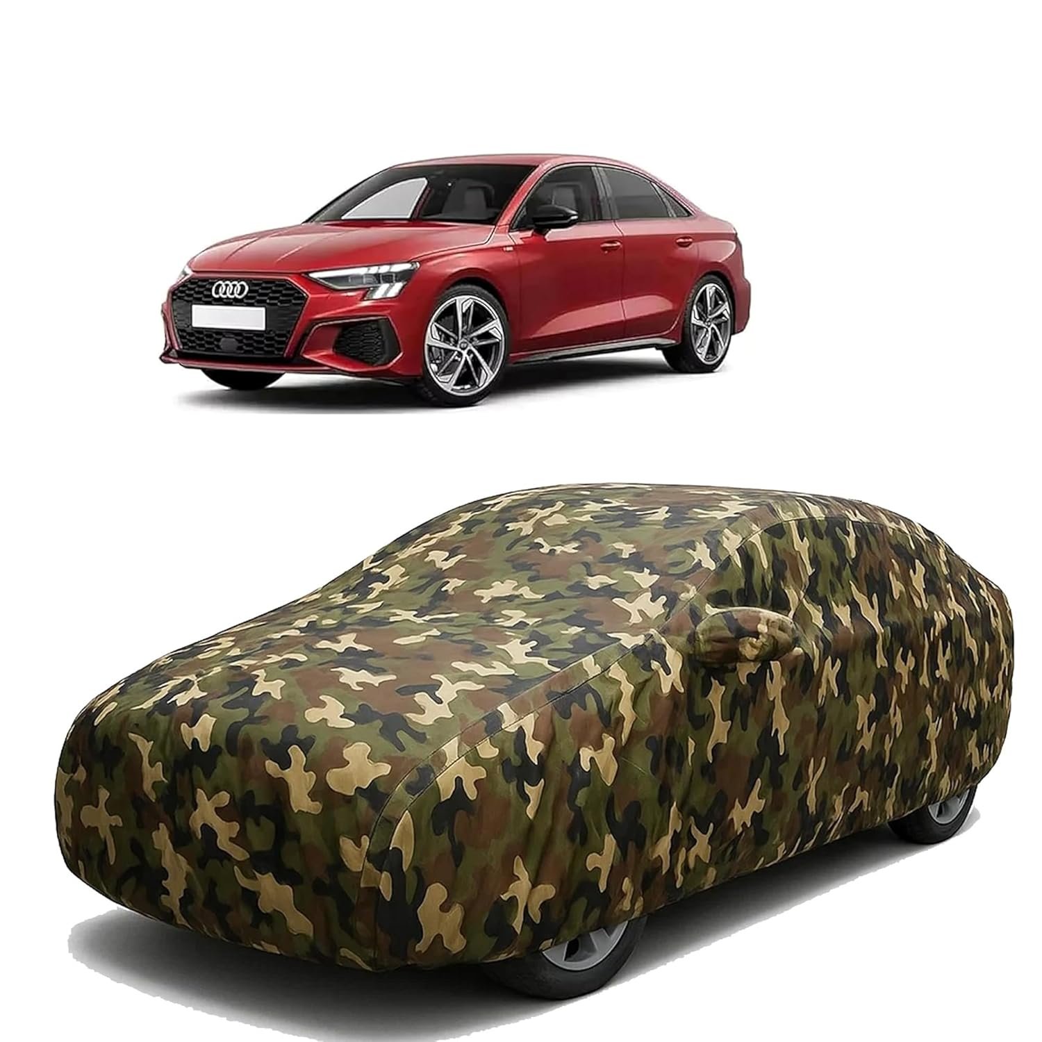Sulfar 100% Waterproof Car Body Cover Compatible with Mirror for Audi A3 with Long Lasting Durable Material (Triple Stitched, Full Bottom Elastic, Camouflage Army)
