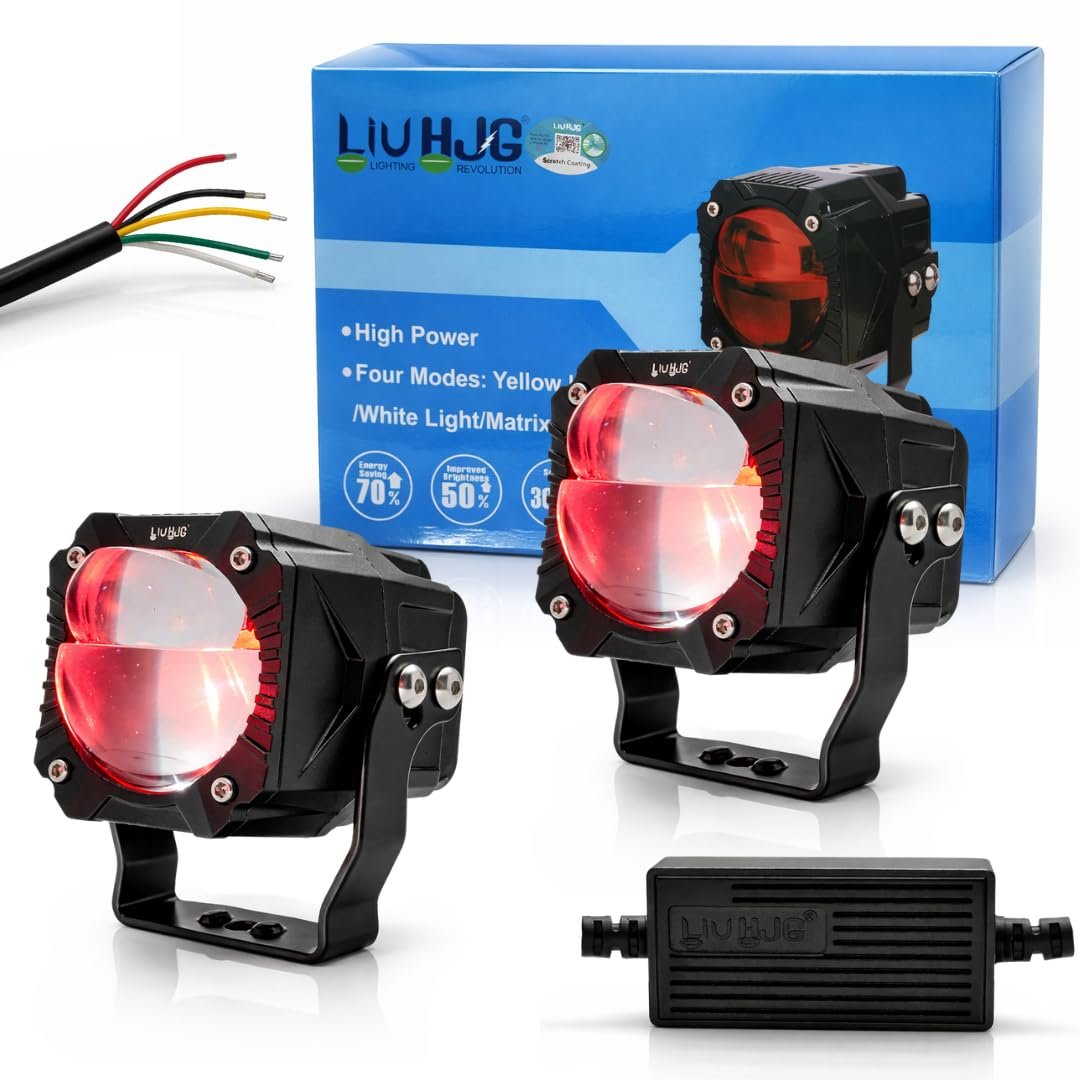 LIU HJG 120W Gorilla Projector Fog Lights Dual Lens | Ultra-Wide LED Driving Fog Lamps | White & Yellow Beam with Red DRL Mode | Universal Fit for Bikes, Cars, Jeep & Thar (Set of 2)