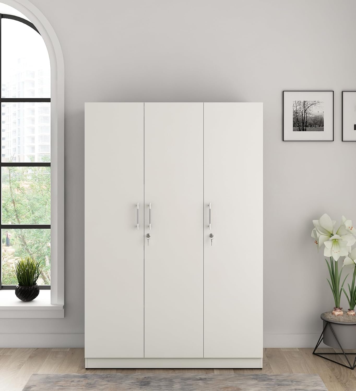 Spacewood Optima Wardrobe | 3 Year Warranty | Almirah, Cupboard, Almari, 3 Door Wardrobe, 2 Hanging Space|Engineered Wood| Kingston White