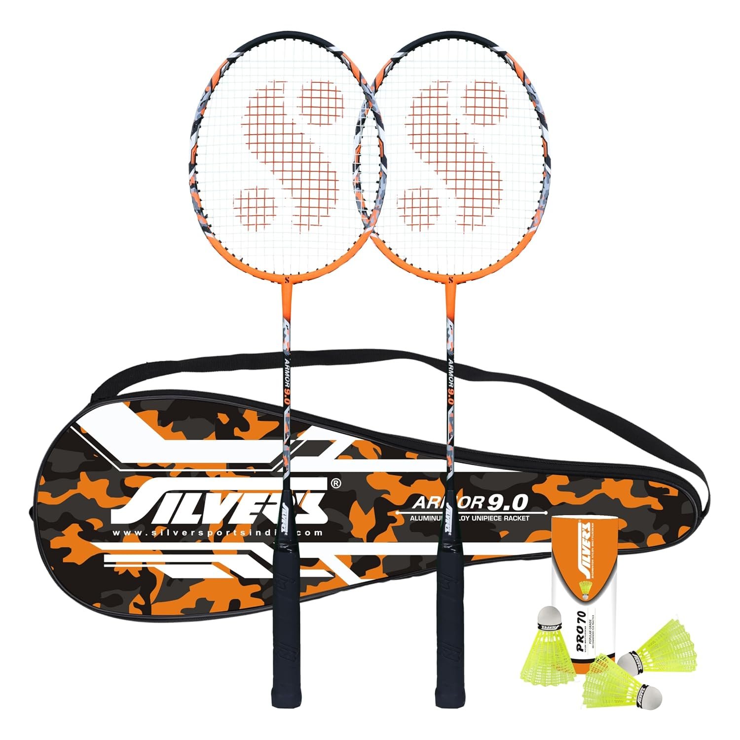 Silver's Jointless Aluminium Alloy Composite Armor Badminton Kit (2 Racquets with Full Cover, 1 Box Nylon Shuttlecock Pack of 3)(Orange/Black)