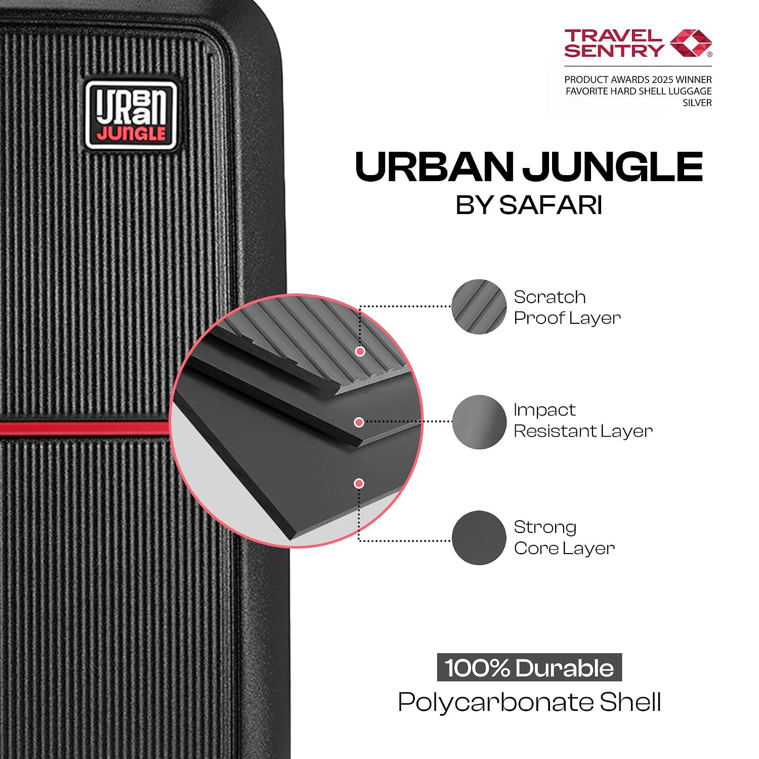 Urban Jungle Polycarbonate 360 Degree by Safari, Premium Cabin Trolley Bag, Small (55 Cm) Suitcase with USB Charging Socket, 8 Silent Wheel, Hardside Travelling Luggage for Both Unisex (Black)