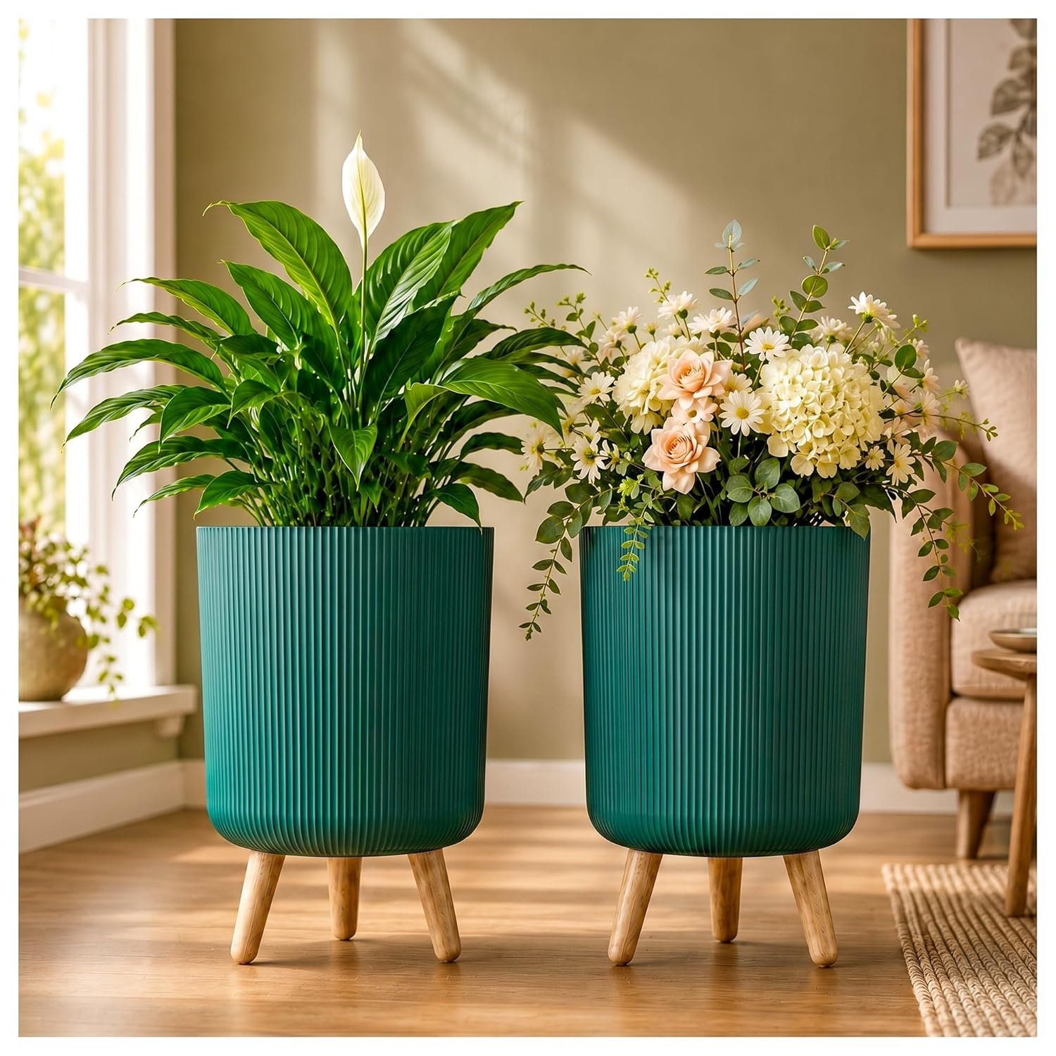 Eightiz Store Modern Green Flower Pot with Plastic Legs | Indoor Outdoor Planter for Home Garden Balcony Decor Ribbed Design Sturdy Plastic Mid-Century Style (Green, Pack of 2)