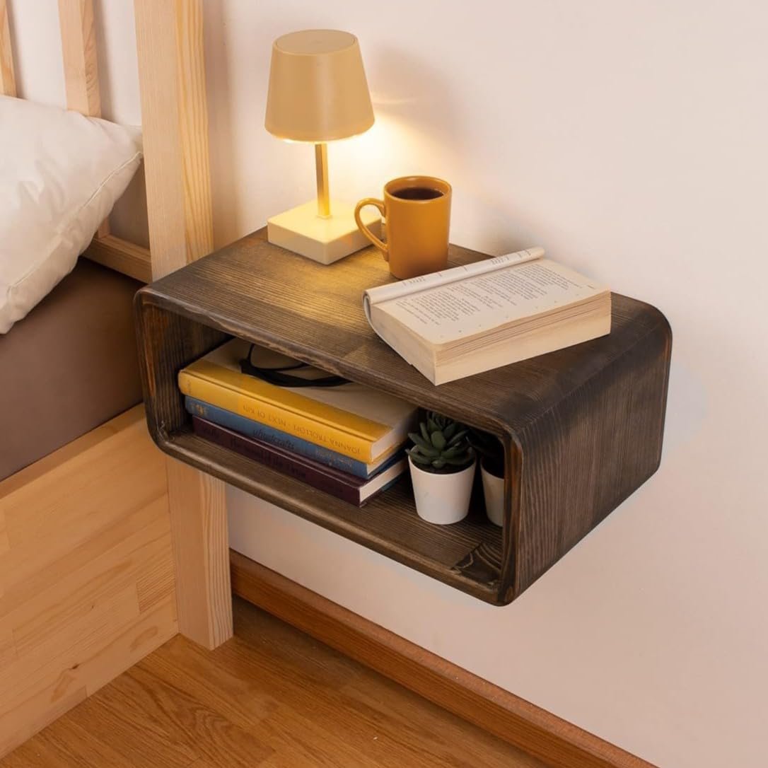 UHUD CRAFTS Floating Wooden Bedside Shelf, Wall Mounted Nightstand, Bedside Table, Nightstand Shelf, Handmade, Floating Wooden Wall Shelf for Storage, 2- Tier Solid Wood Shelf - Dark Burnt