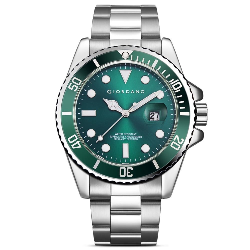 Giordano Resolute Collection Analogue Watch for Man with Green Dial and Silver Steel Strap Wrist Watches for Men, with Steel Strap & Rotating Bezel GD-50006-22