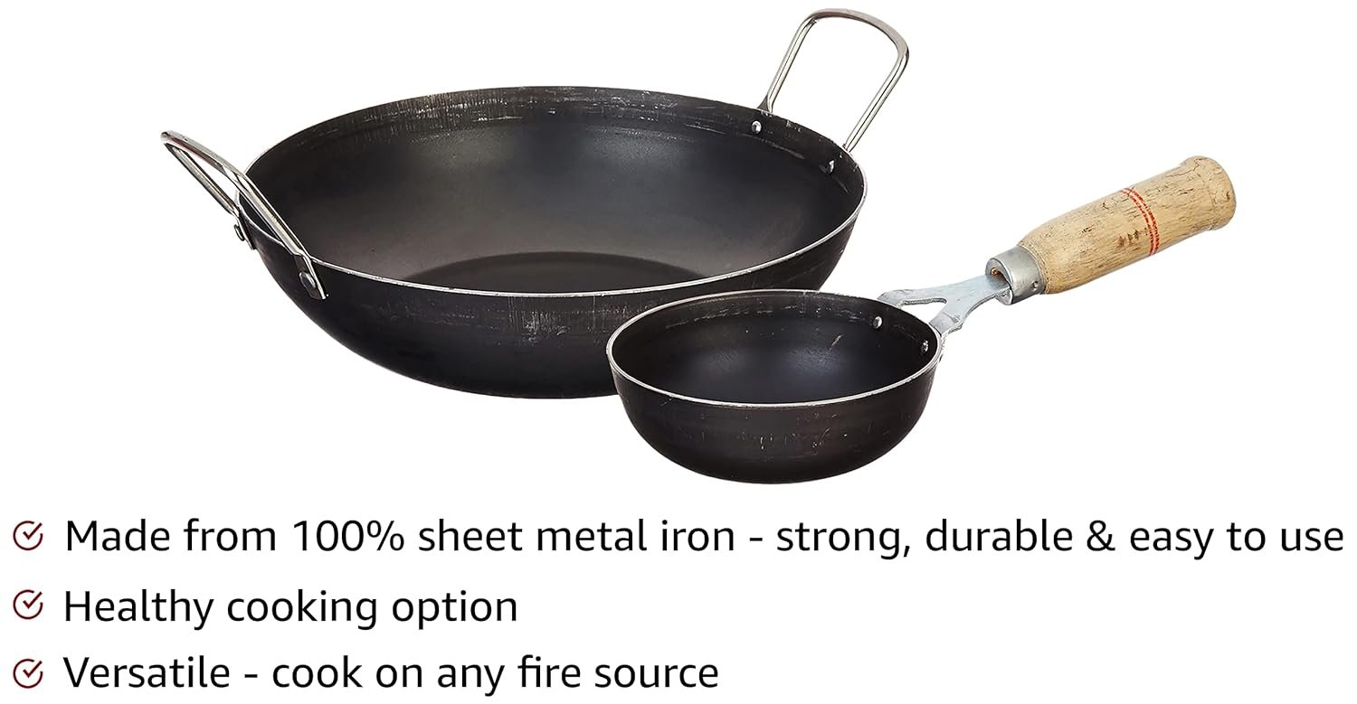 Amazon Brand - Solimo Sheet Metal Iron Cookware Set of 2 Pc (Induction Base Kadai 24 cm Dia, Tadka Pan 13 cm Dia) 100% Toxin-Free, Naturally Non-Stick, Long Lasting