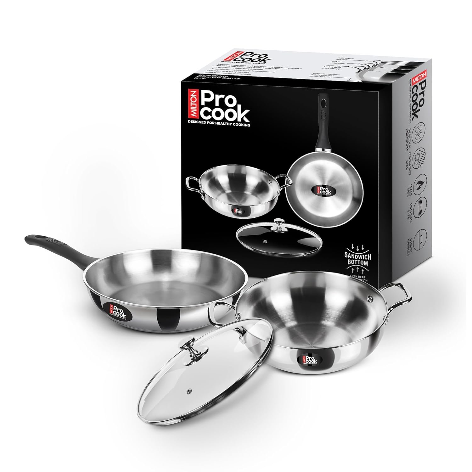 Milton Pro Cook Induction Cookware & Gas Stove Friendly Sandwich Bottom 3 Pc Cookware Set | Stainless Steel Kadhai & Fry Pan with Lid 22 cm | Deep Frying | Sauté | Scratch Resistant | 2Y Warra