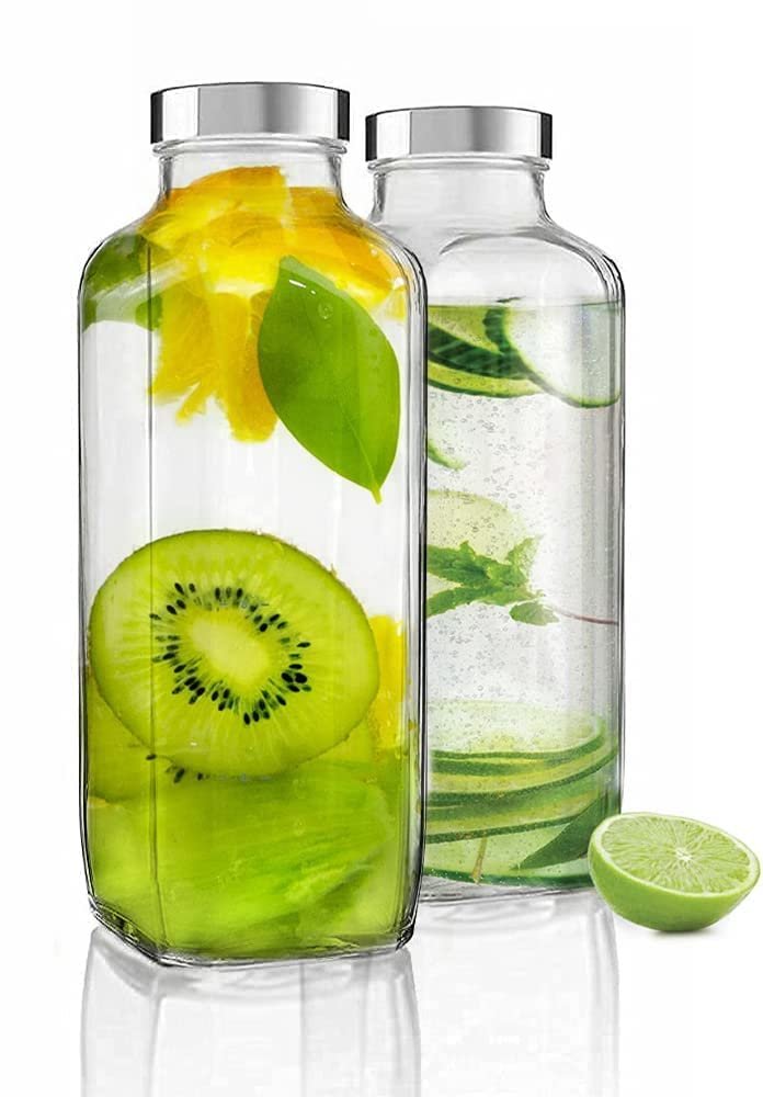 castanea Glass Water Bottle with Leak-Proof Airtight Stainless Steel Lid for Water, Smoothie, Juices - Reusable Travel Glass Drinking Fridge Bottles - 1000ml (1)