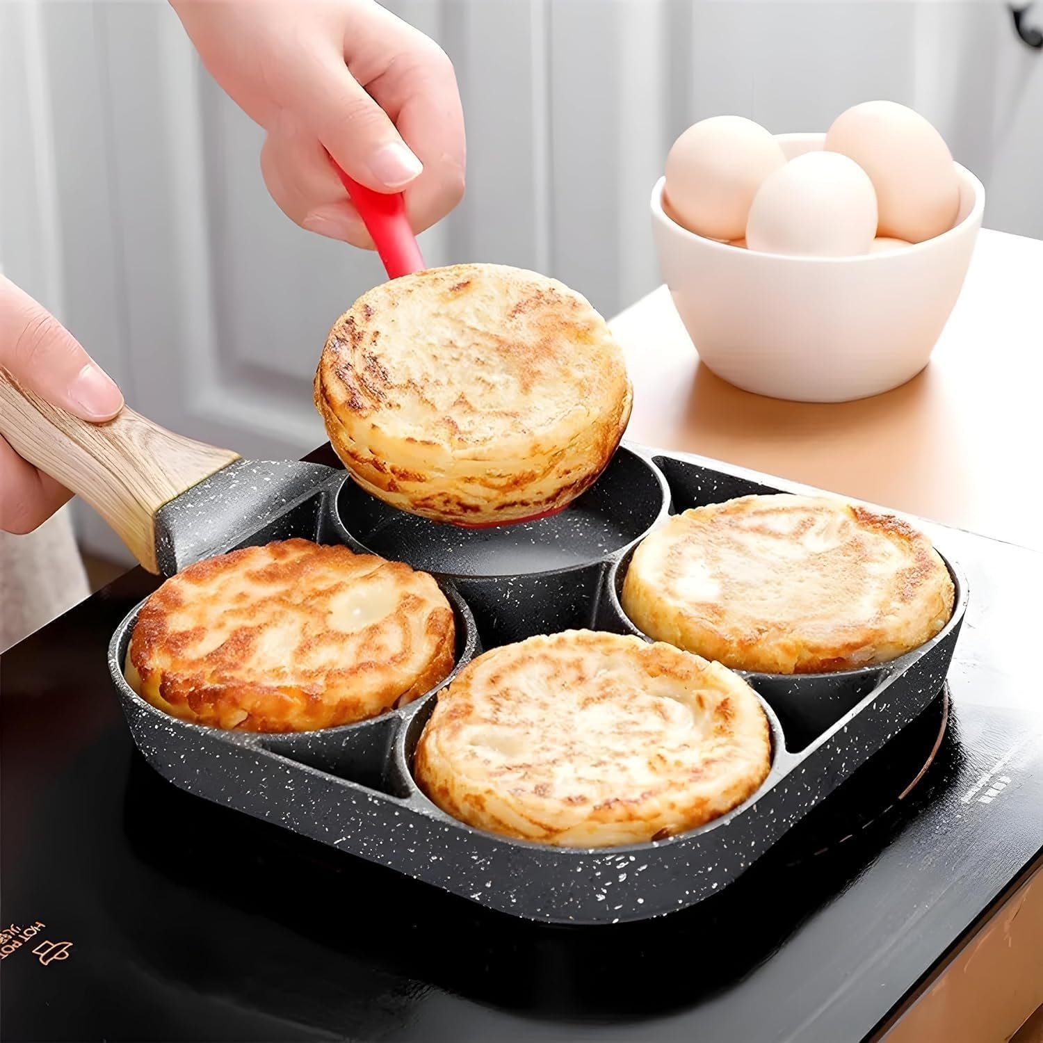 Renesmee Non-Stick Egg Frying Pan with Detachable Wooden Handle | Multi-Purpose Pan for Omelets, Uttapam, Idli, Burgers, and Poached Eggs | Ideal for Kitchen Breakfast (4 Hole, 1 Piece)