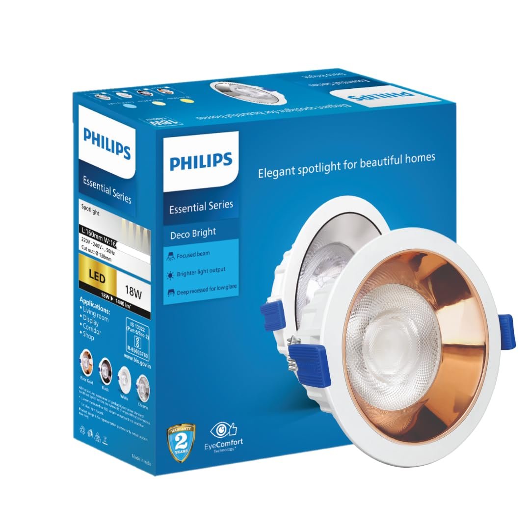 PHILIPS 18 Watt Rose Gold Reflector LED Ceiling COB Round Spot Light with Focused Beam | Cut Out: 138mm | Cool Day Light, Pack of 1 (Deco Bright)