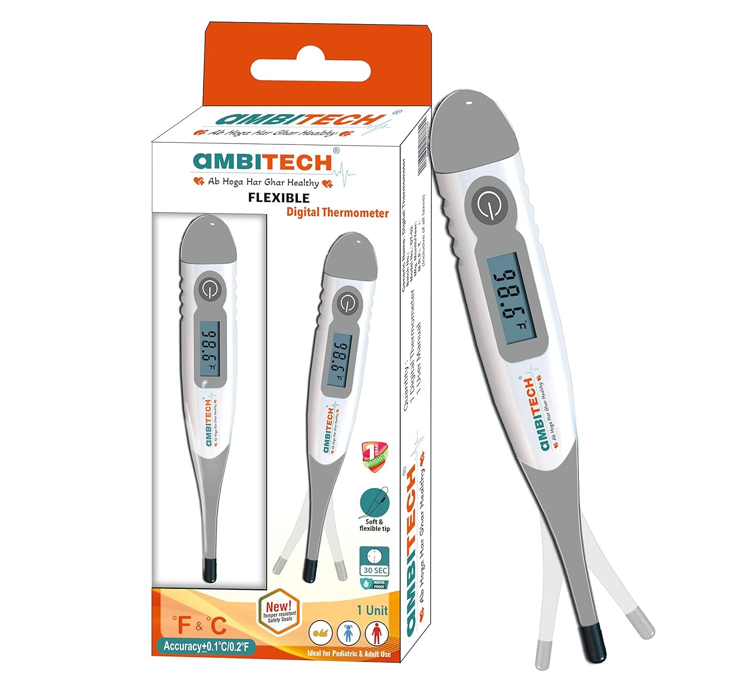 AmbiTech Soft & Flexible Digital Thermometer with One Touch Operation for Child and Adult Oral or Underarm Use |Made in India|1 Year Warranty