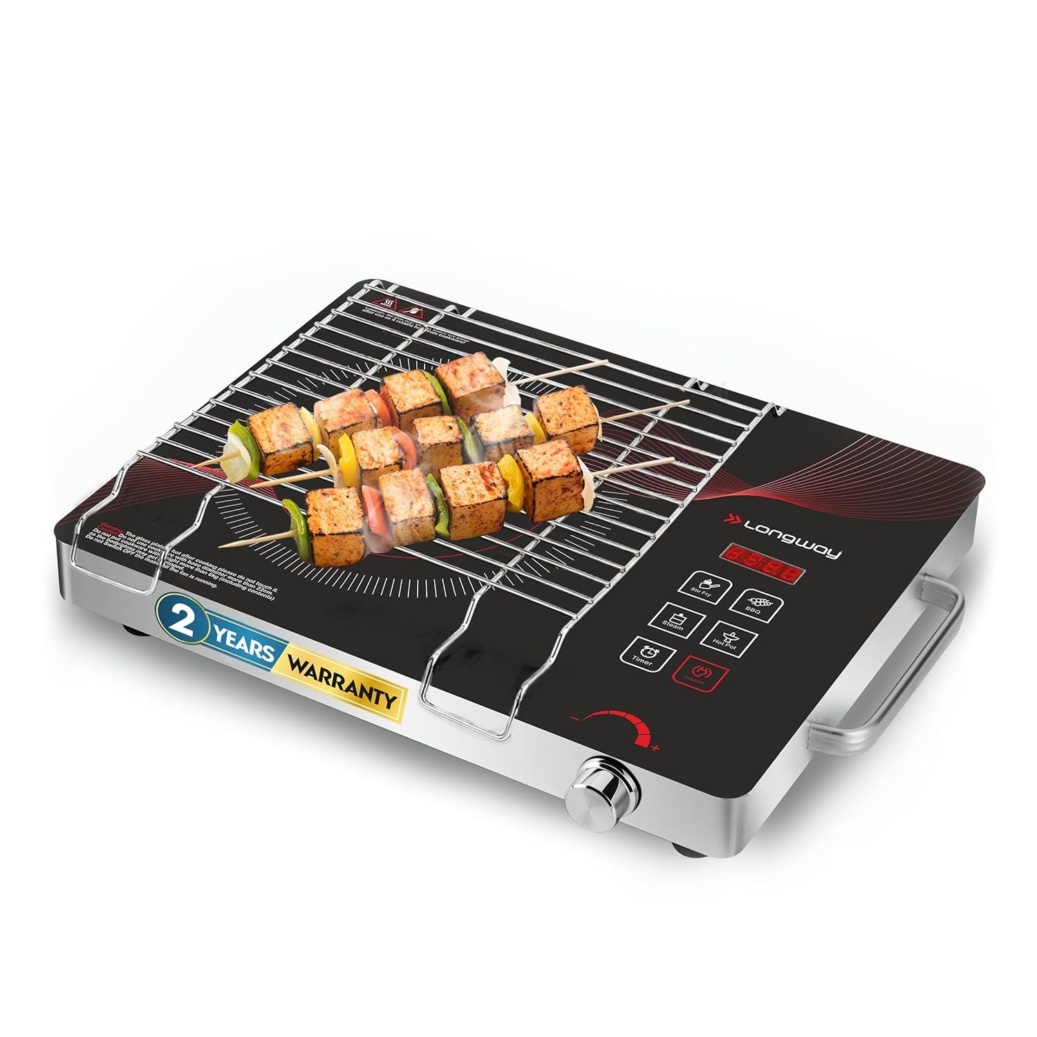 Longway Infralite Pro 2200W Infrared Induction Cooktop with Steel Grill Rack, Crystal Glass Top, Touch Panel & Digital Display, 4 Preset Modes – Stir Fry, BBQ, Hot Pot & Steam, Red