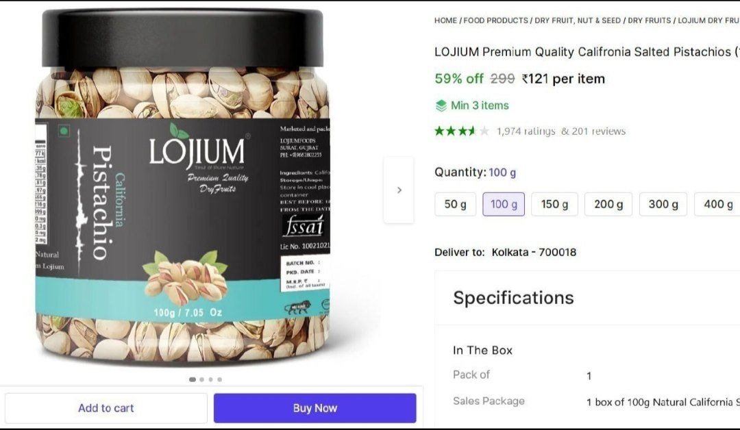 LOJIUM Premium Quality Califronia Salted Pistachios (100 g) (Salted Pista) Pistachios Price in India - Buy LOJIUM Premium Quality Califronia Salted Pistachios (100 g) (Salted Pista) Pistachios online 