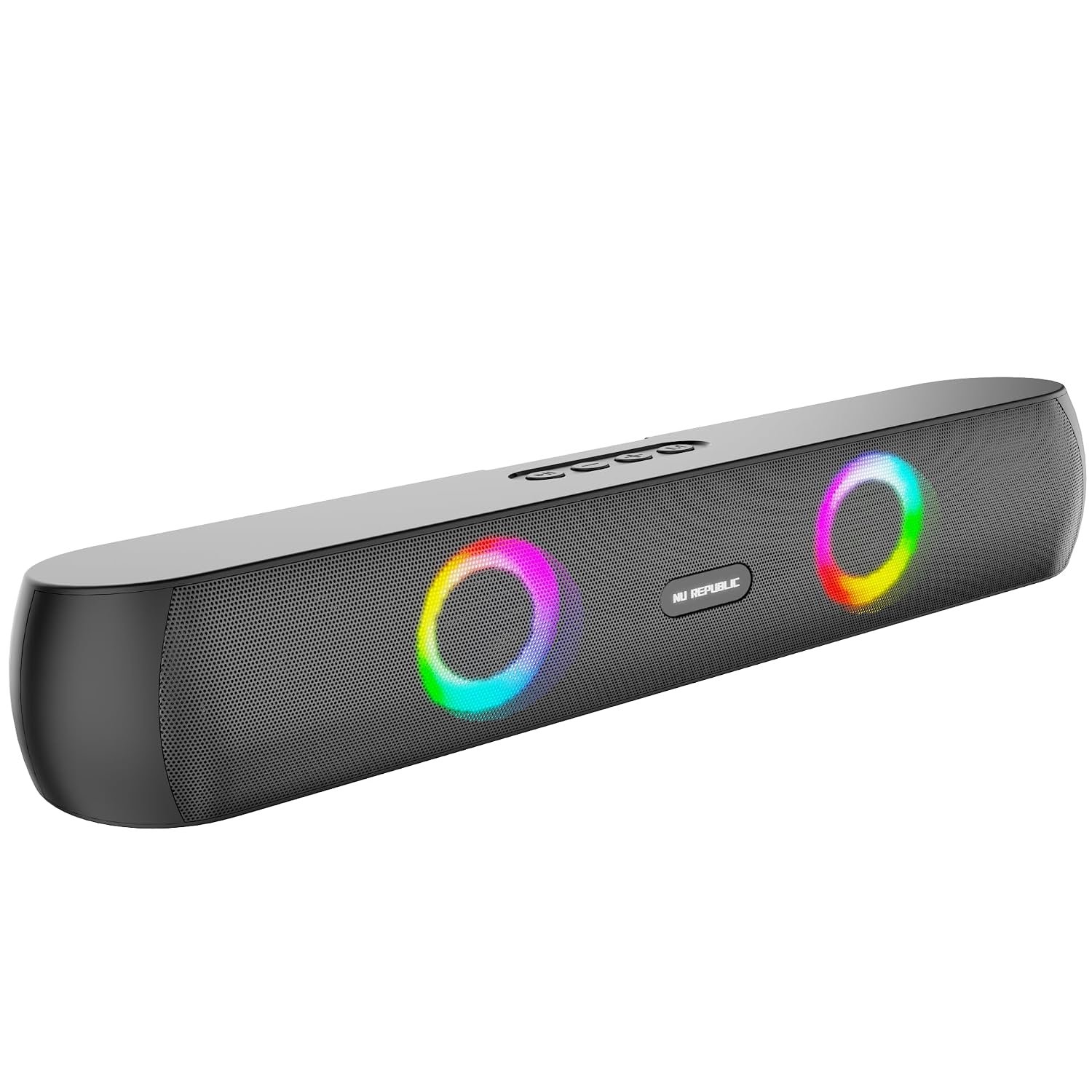 Nu Republic Party Box 160 Bluetooth Soundbar, X-Bass Technology, 52mm Dual Dynamic Drivers, 16W Output, Up to 10 Hours Playtime, RGB LED Lights, Aux/USB/TF Card, Bluetooth 5.3 (Black, 2.0 Channel)