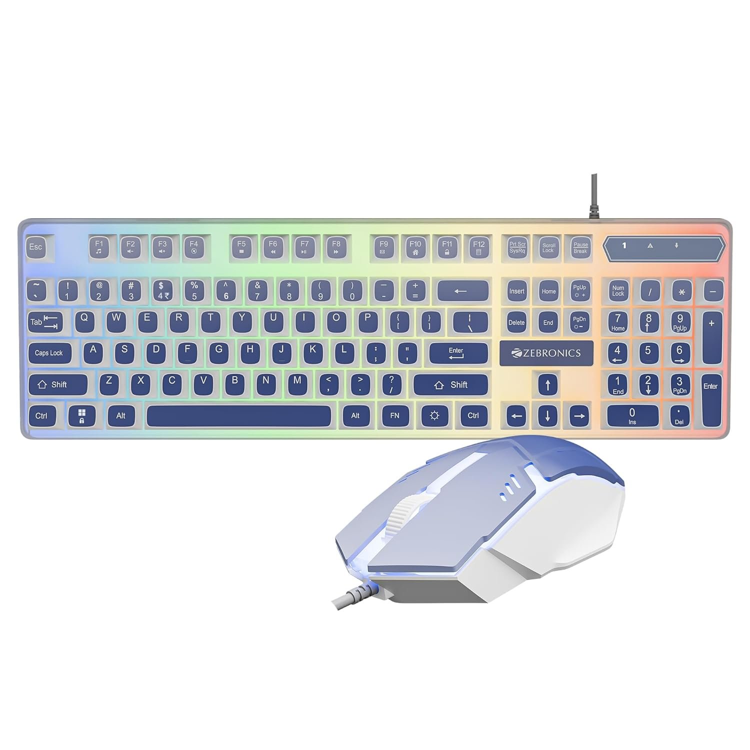 Zebronics Wired Keyboard & Mouse Combo, 104-Key, 1200 DPI, ₹ Key & Multimedia Controls, Ergonomic Mouse, 1.3m Cable, Multicolor LED (War 2, White + Blue)