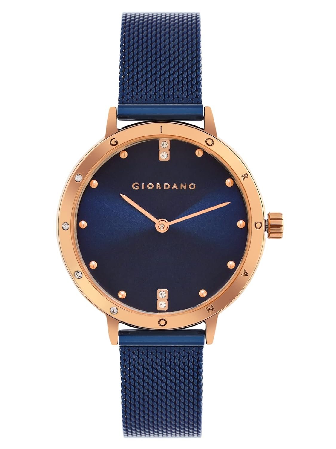 Giordano Analog Quartz Watch for Women with Round Dial, Two-Hand Display, Crystal-Studded Hour Markers and Bezel and Stainless Steel Mesh Strap - A2085
