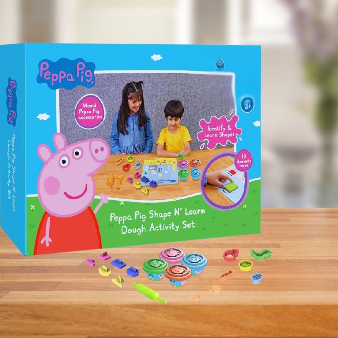 PlayMagic Peppa Pig Dough Shape & Learn Activity Set With Moulding Lid & 4Tubs 50gm Each|Roleplay Set With 6Shape Cutters & 1Template|Water based Soft Dough|Non-Toxic|Gift Setfor Kids 3+|M